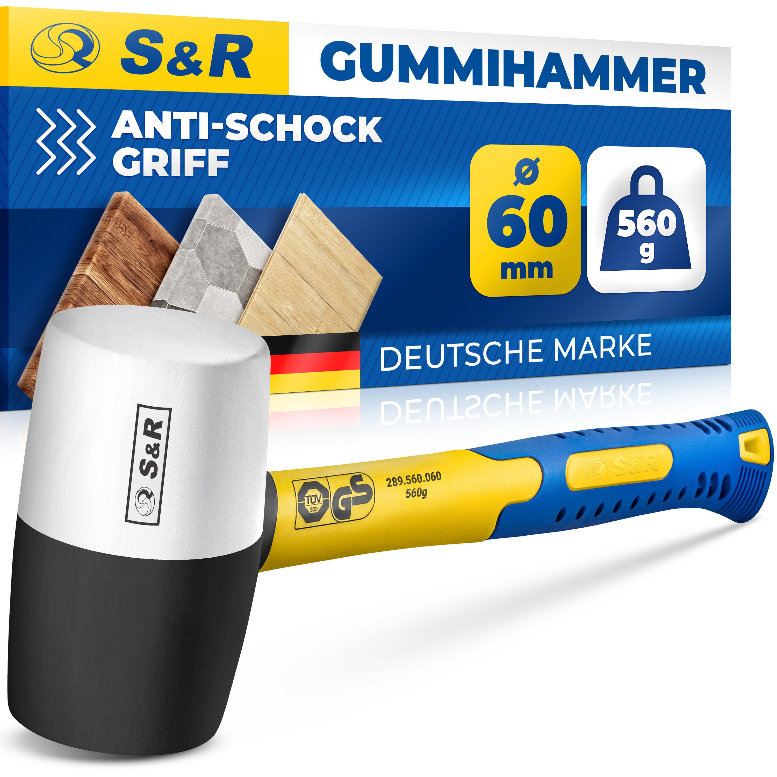 S&R Gummihammer Gummihammer Pflasterhammer Schwarz/Weiß 560g Profi Naturkautschuk (1-St), für Außenarbeiten zB. Pflastersteine, Fliesen, Camping