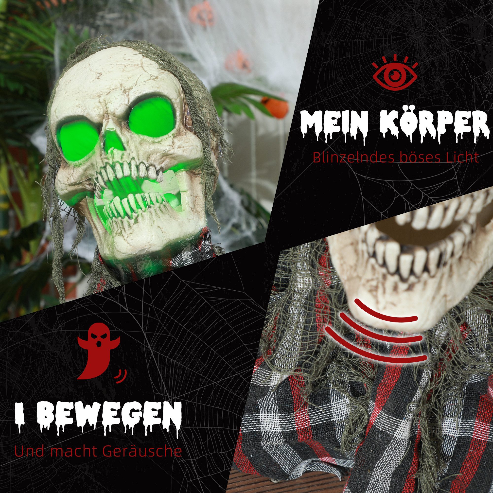 HOMCOM Dekofigur 70cm Halloween Dekoration mit LED-Lichter, Soundfunktion (Skelett Halbkörper Figur, 1 St., Halloween Horror Ornamente), für Halloween Party – Bild 5 von 5