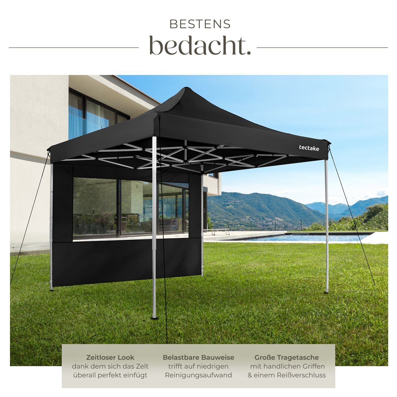 tectake Pavillon Gartenzelt 3 x 3 m, inklusive Spannseile, Heringe und Tragetasche, mit 2 Seitenteilen, (Partyzelt Olivia, in schwarz), höhenverstellbar, wasserdicht und mit UV-Schutz, mit 4 Seitenteilen