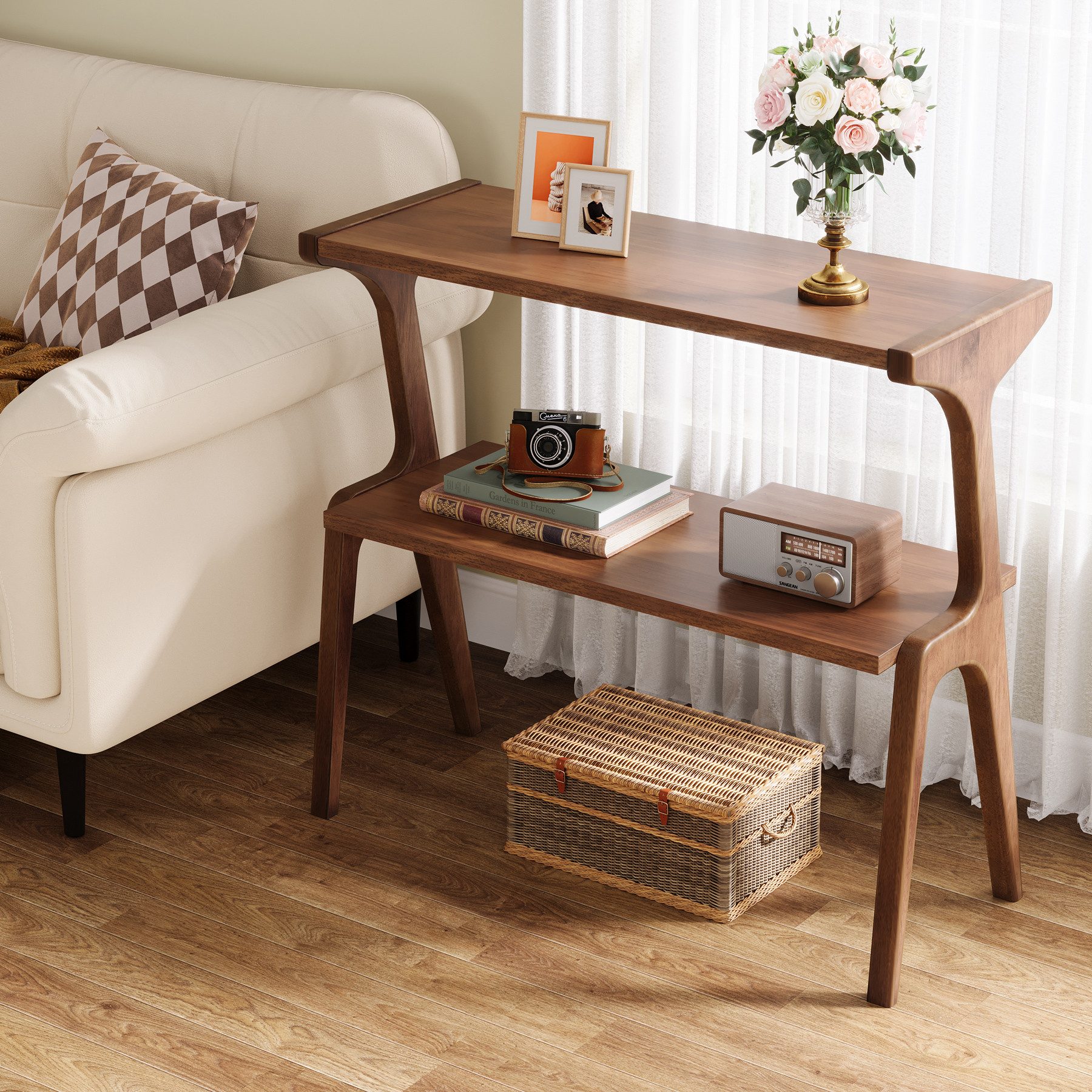 Tribesigns Beistelltisch 2-tier Sofatisch mit Massivholzbeinen, Beistelltisch mit Ablagefläche (1 x Beistelltisch - 1 x Zubehörpaket - 1 x Anleitung), schlanker Sofa-Beistelltisch mit Massivholzbeinen Bauernhaus