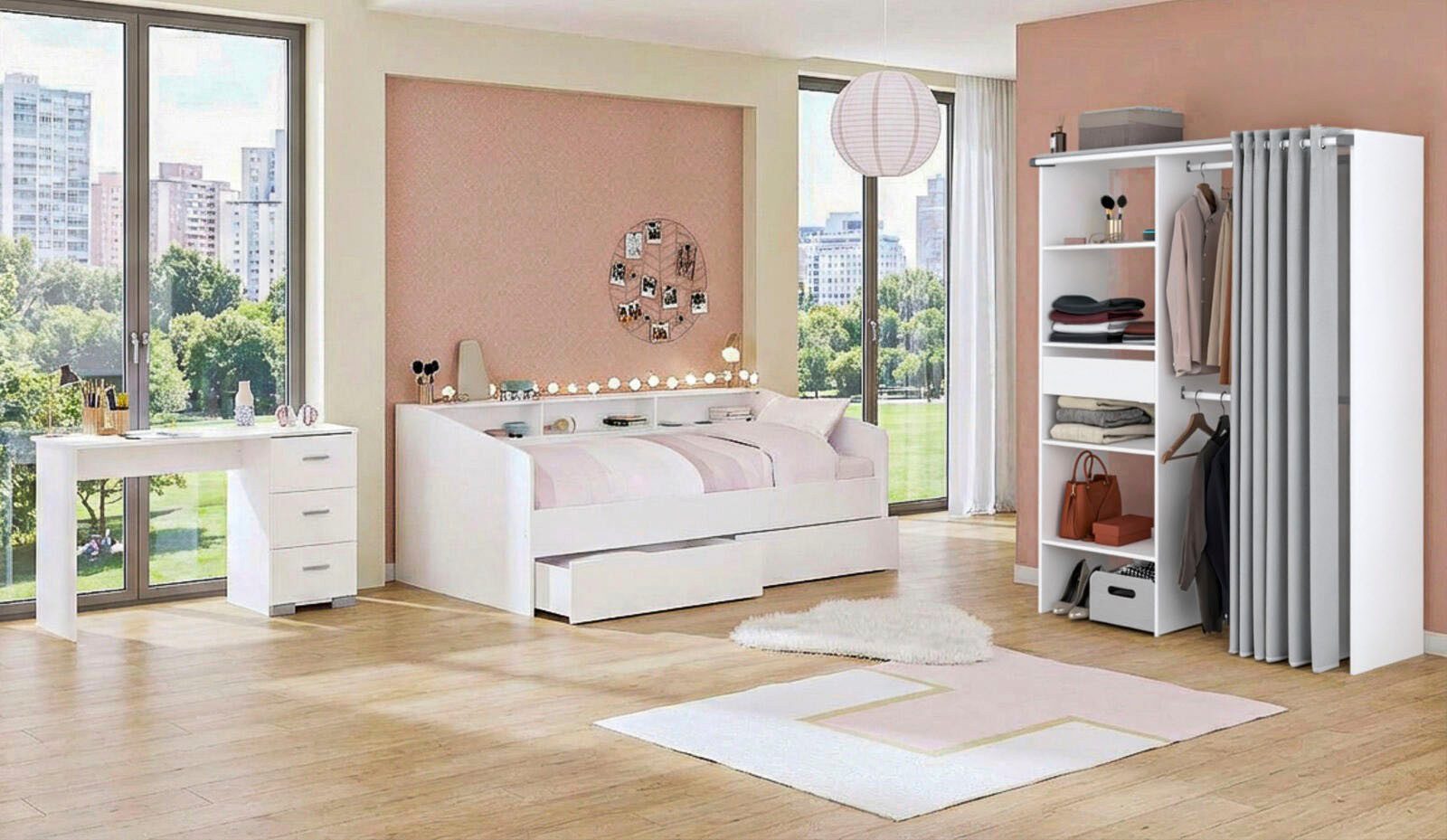 Parisot Jugendzimmer-Set Parisot Sleep 12, (Set, 3-tlg), Rückwand am Stauraumett drehbar - Weiß oder Eiche
