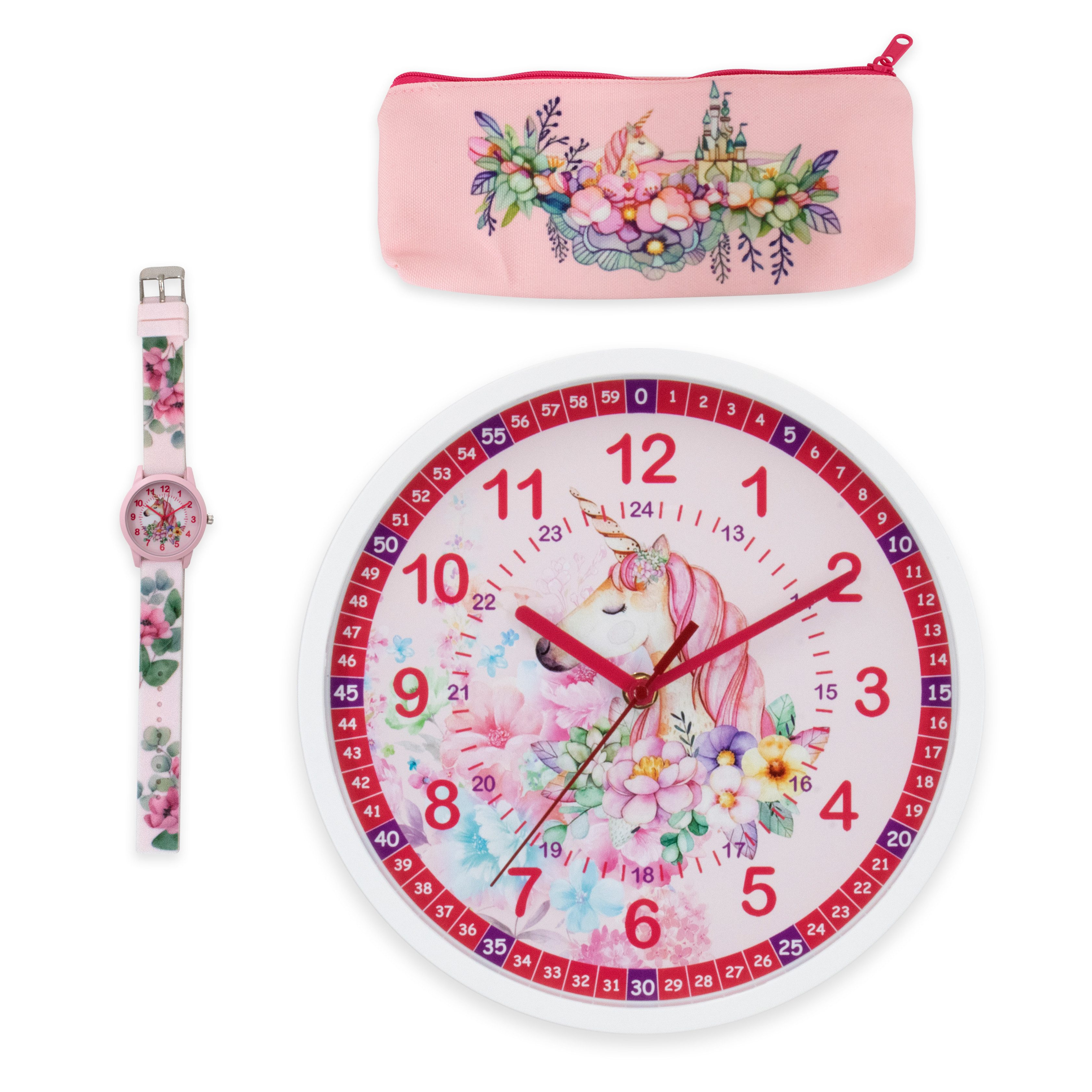 K&L Wall Art Wanduhr Geschenke-Set Mädchen Rosa Einhorn Armbanduhr Lernuhr Mäppchen (stilles Uhrwerk ohne Ticken)