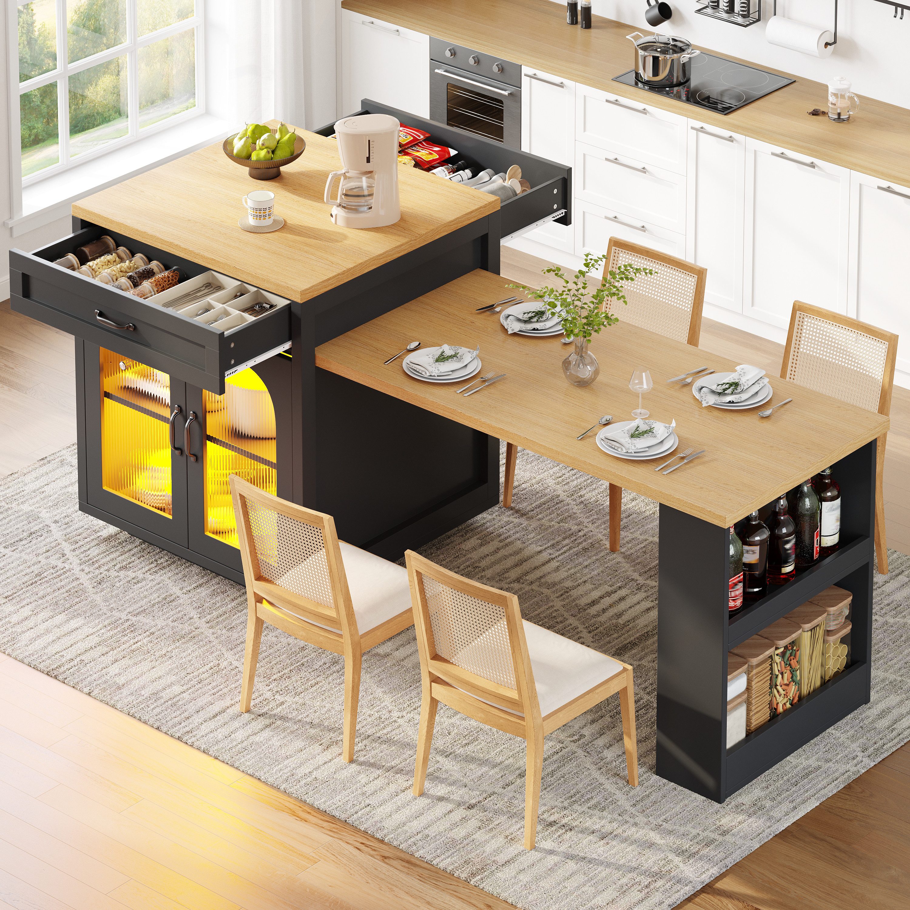 Odikalo Kücheninsel mit LED & Ausziehbarer Esstisch, (mit 2 Schubladen und verstellbaren Einlegeböden, Sideboard mit geriffelten Glastüren, MDF-Küchenarbeitsplatte für den Essbereich)