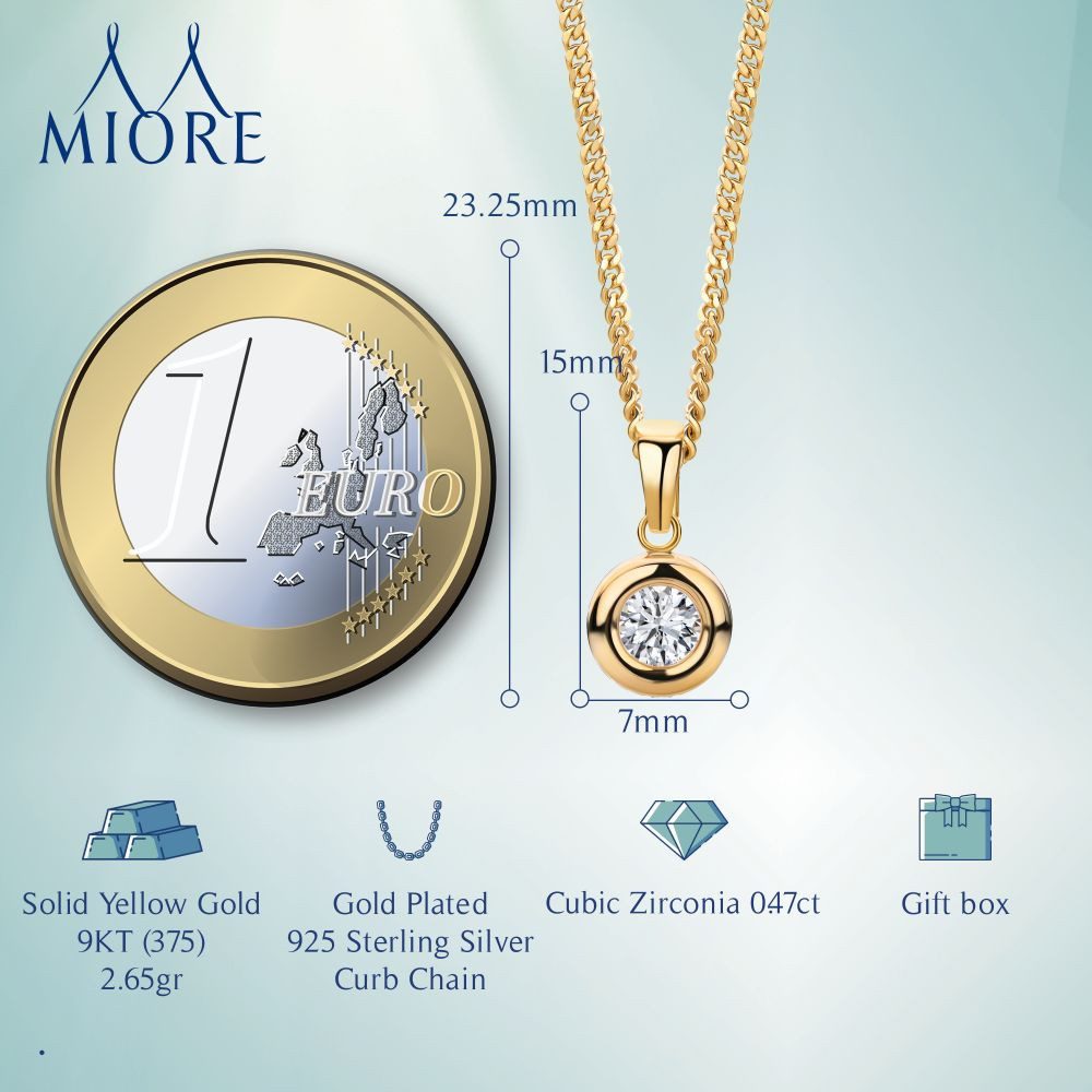 Miore Kette mit Anhänger MA983ZSN - Solitäranhänger 375 Gelbgold mit Zirkonia 0,45 Karat, vergoldete 925 Sterling Silberkette 45cm – Bild 2 von 4