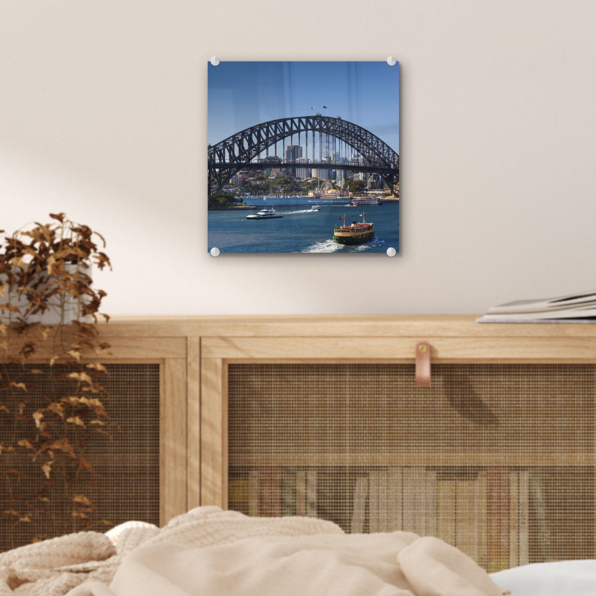 MuchoWow Acrylglasbild Boote Wanddekoration Australien, Glasbilder der - auf Harbour - Bilder Bridge Sydney Glas Foto in - unter (1 St), auf Wandbild Glas