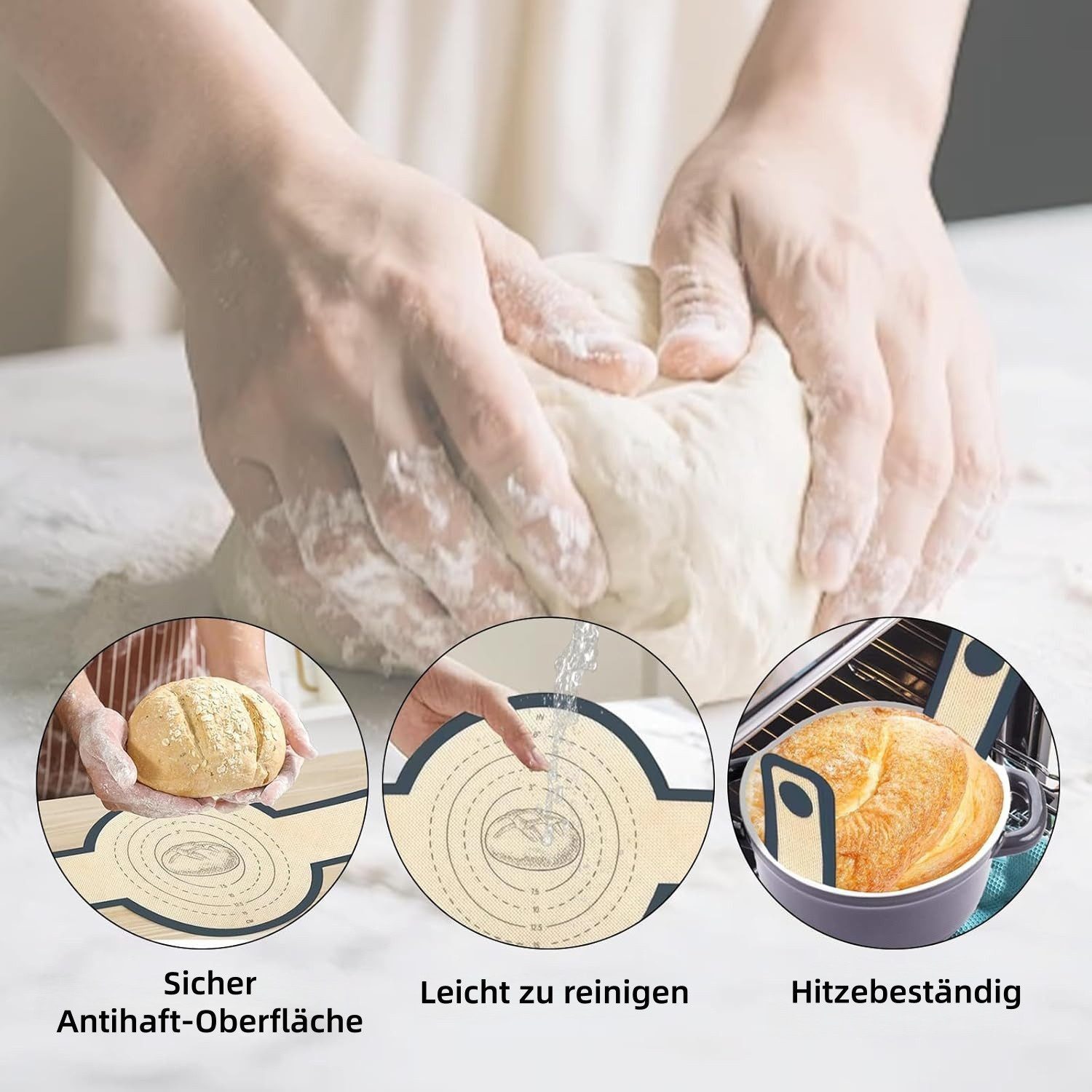 FOUORTUNATE-BEE Backmatte 2 Runde Backmatten für Brot, wiederverwendbar & leicht zu reinigen, (2-tlg), Backmatten mit Griffen für Teig, Brot und Ofengebrauch – Bild 5 von 5