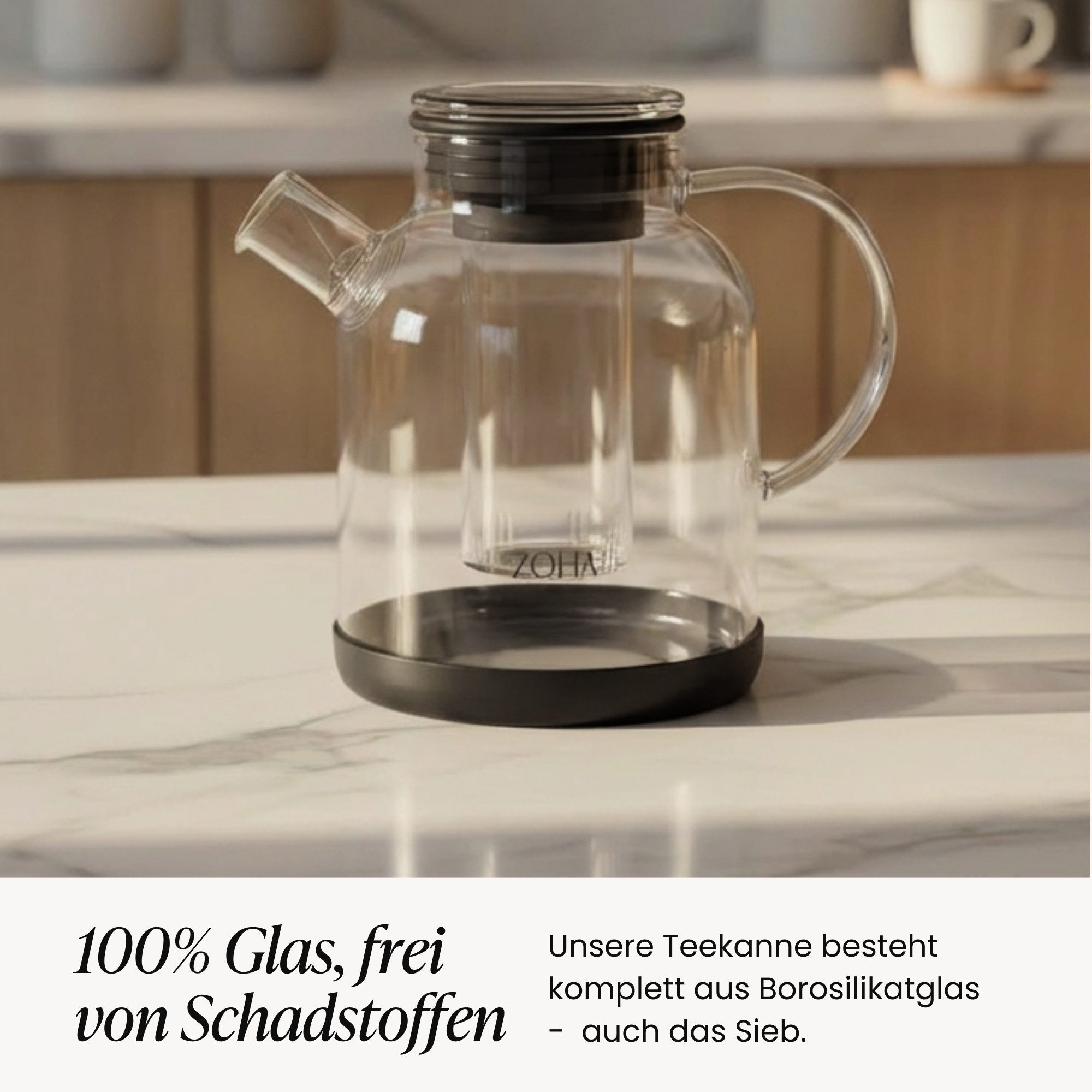 Zoha Teekanne Glasteekanne mit Sieb 1,5 Liter - Hitzebeständiger Teebereiter, Premium Borosilikatglas mit Siebeinsatz