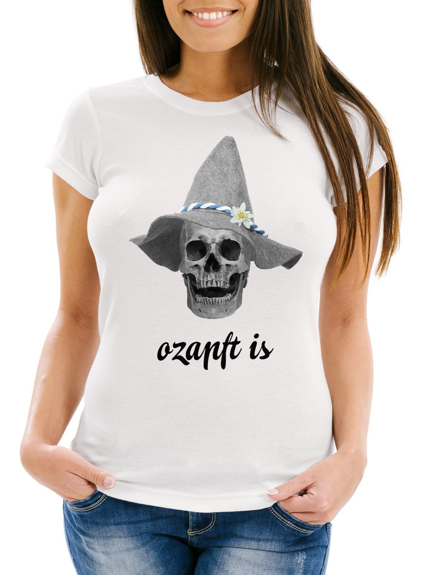 MoonWorks Print-Shirt T-Shirt Damen ozapft is Totenkopf Filzhut Bayrisch  Bayern Skull Slim Fit Moonworks® mit Print