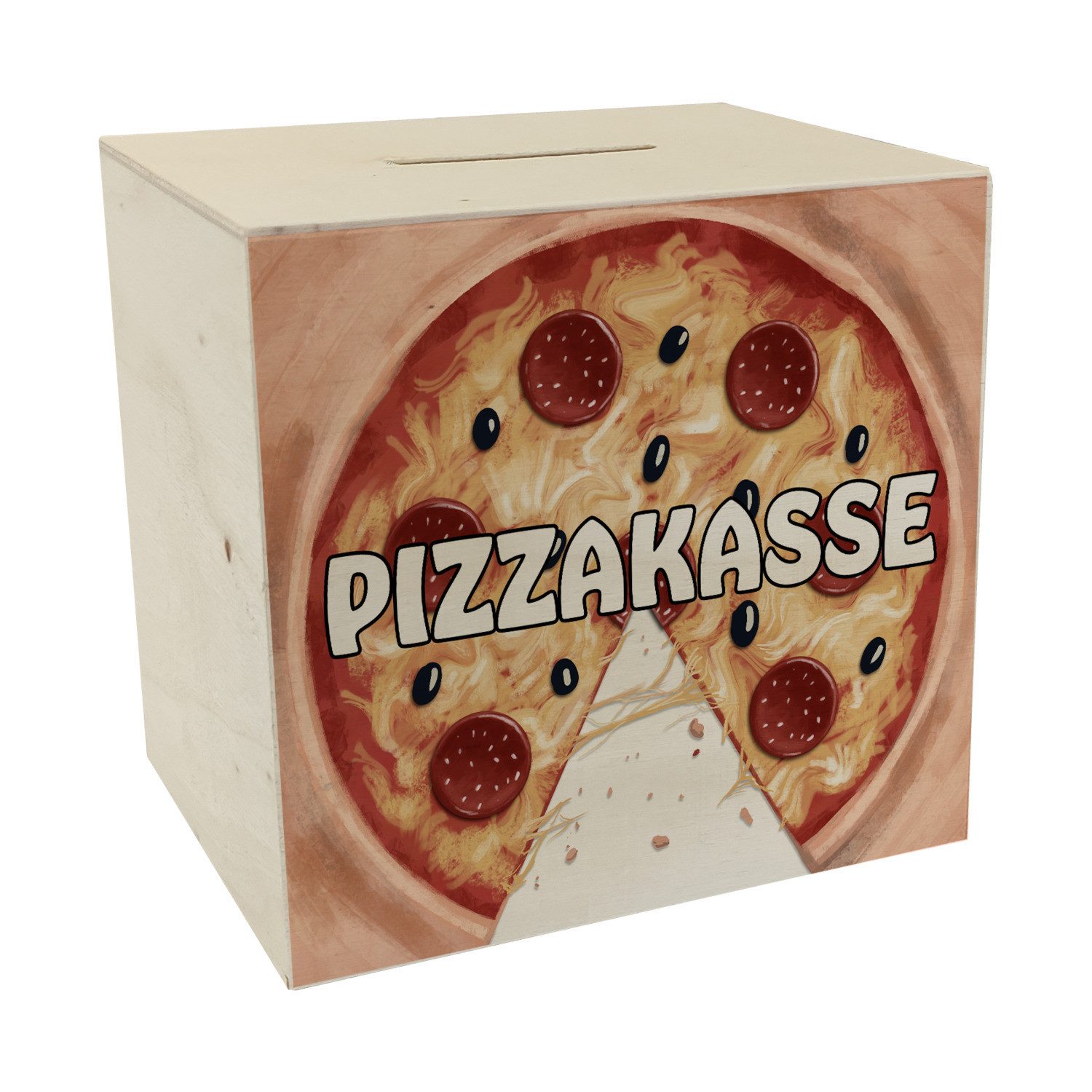 Spardose Pizzakasse Spardose aus Holz mit Pizzamotiv