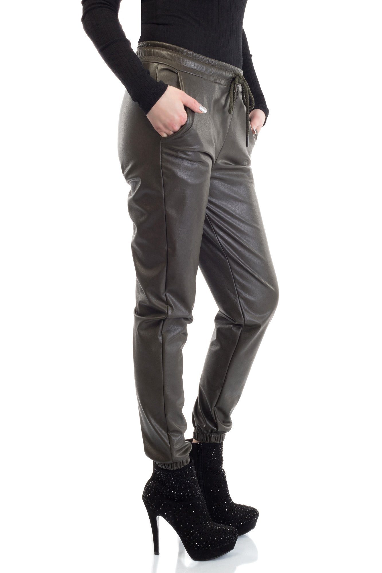 Bongual Lederimitathose in Jogger Style Fell-Innenseite mit khaki