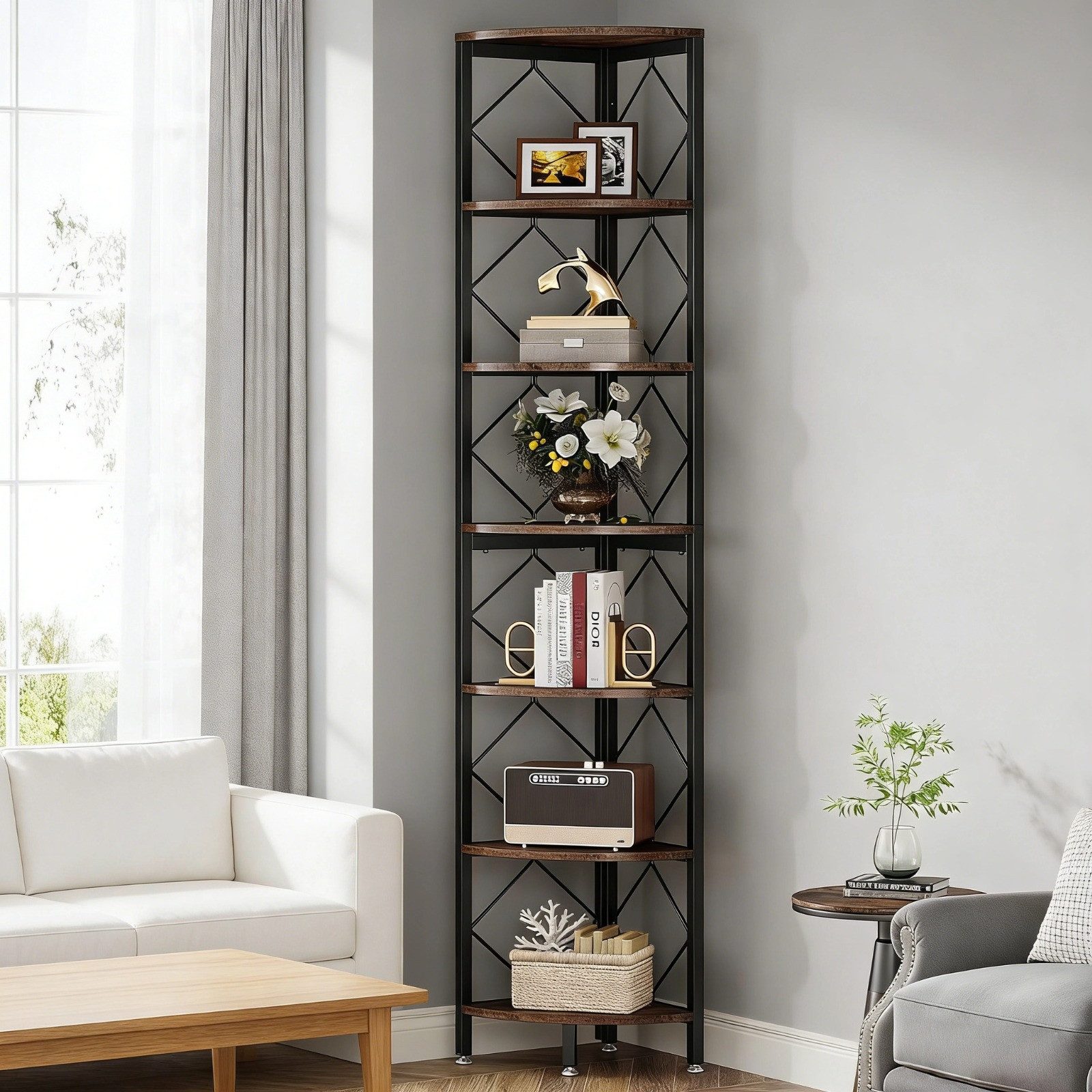 Celya Eckregal 7-Ebenen Eckregal, 200cm extra hohes Eck-Bücherregal