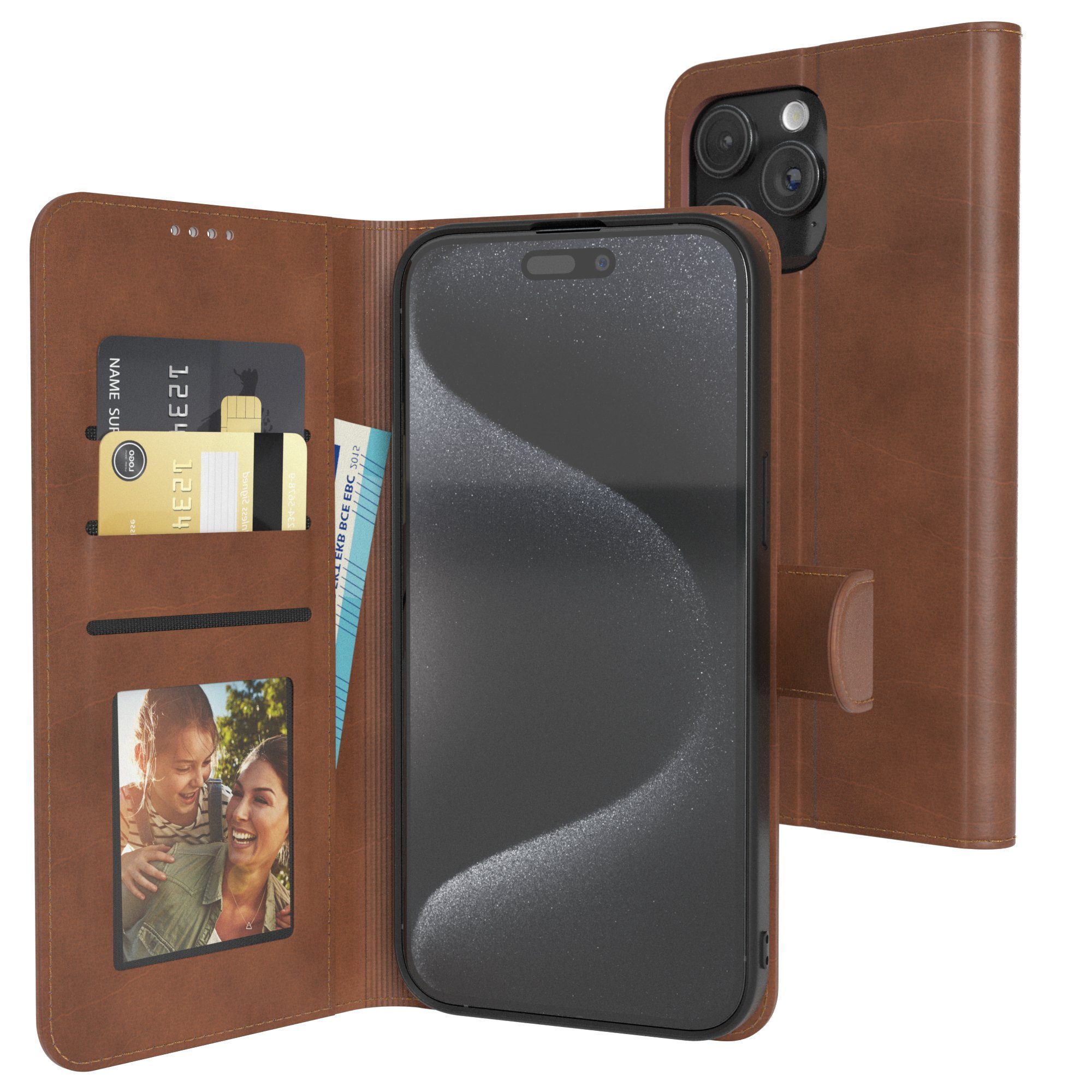 EAZY CASE Handyhülle Business Handytasche Kartenfach iPhone 15 Pro Max 6,7 Zoll, Handyhülle Flip Case Schutztasche zum Aufstellen Wallet in Dunkelbraun