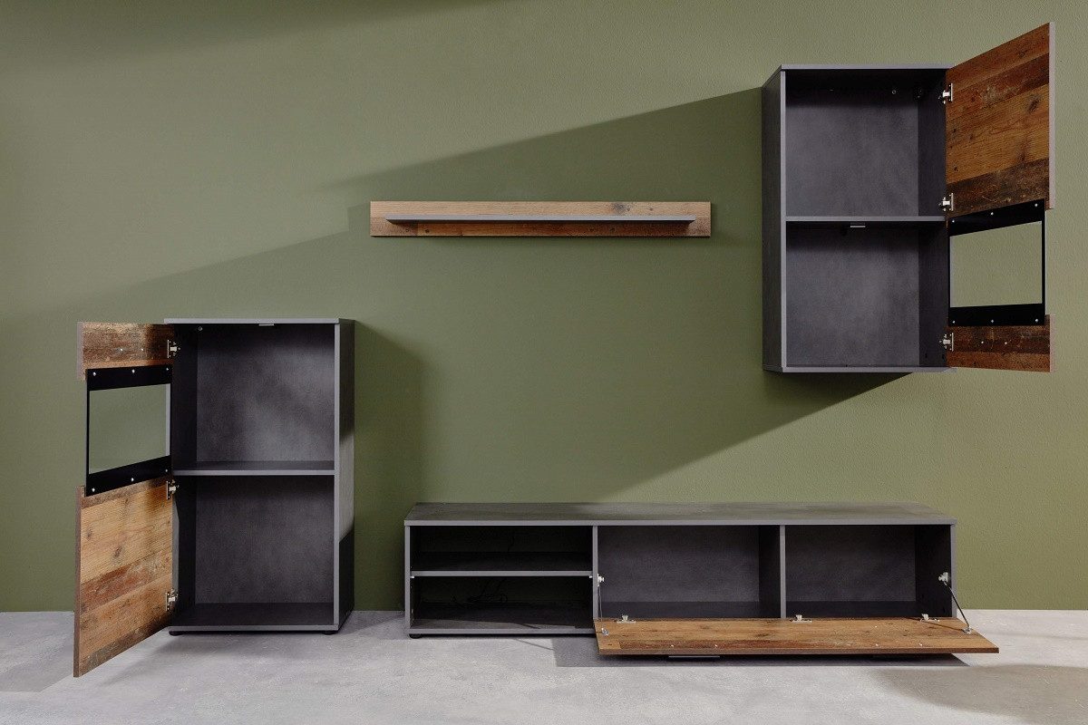 MCA furniture Wohnwand Wohnwand Anbauwand Mango, Old Used Wood / Matera grau, 4-teilig, (4-St), moderne Wohnkombination Used Look ca. 245 cm