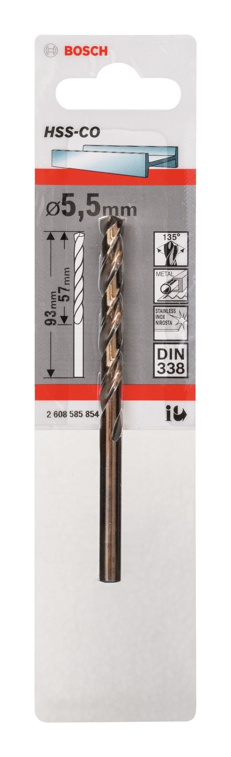 (DIN 338) 5,5 BOSCH - x 1er-Pack Metallbohrer, HSS-Co 57 mm 93 x -