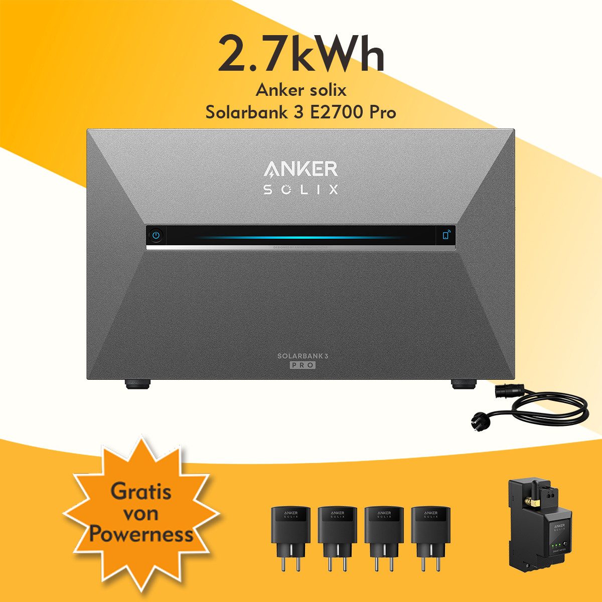 Anker Balkonkraftwerk Anker SOLIX Solarbank 3 E2700 Pro mit Zusatzsakkus und Smart Plug, (Smart Meter und 4x Anker Smart Plug im Lieferumfang enthalten), Speicher mit integriertem Wechselrichter, All-in-One 2,668kWh Akku