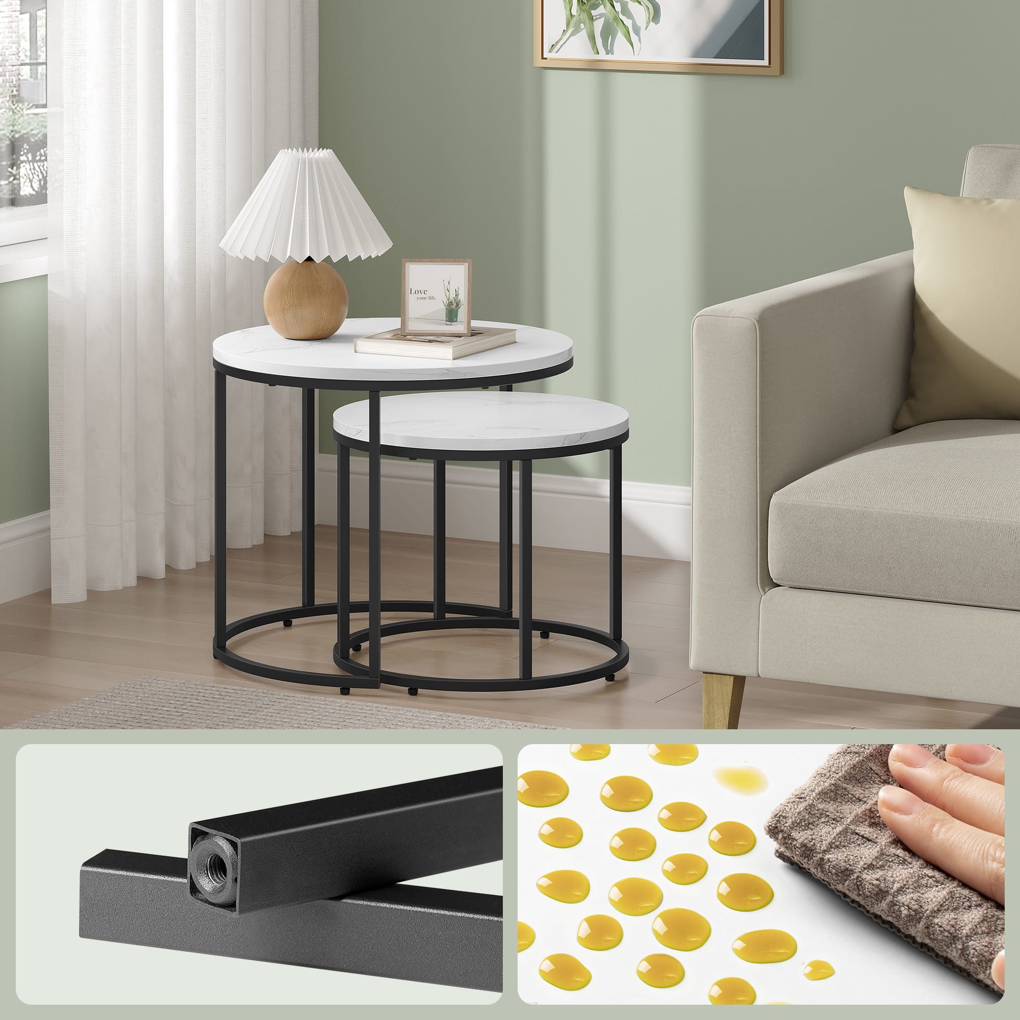 Home Collective Couchtisch 2er Set Beistelltisch Loft Design 2in1 Verschachtelung Wohnzimmer, kratzfeste Oberfläche 53cm und 43cm Marmor Optik mit schwarzen Beinen