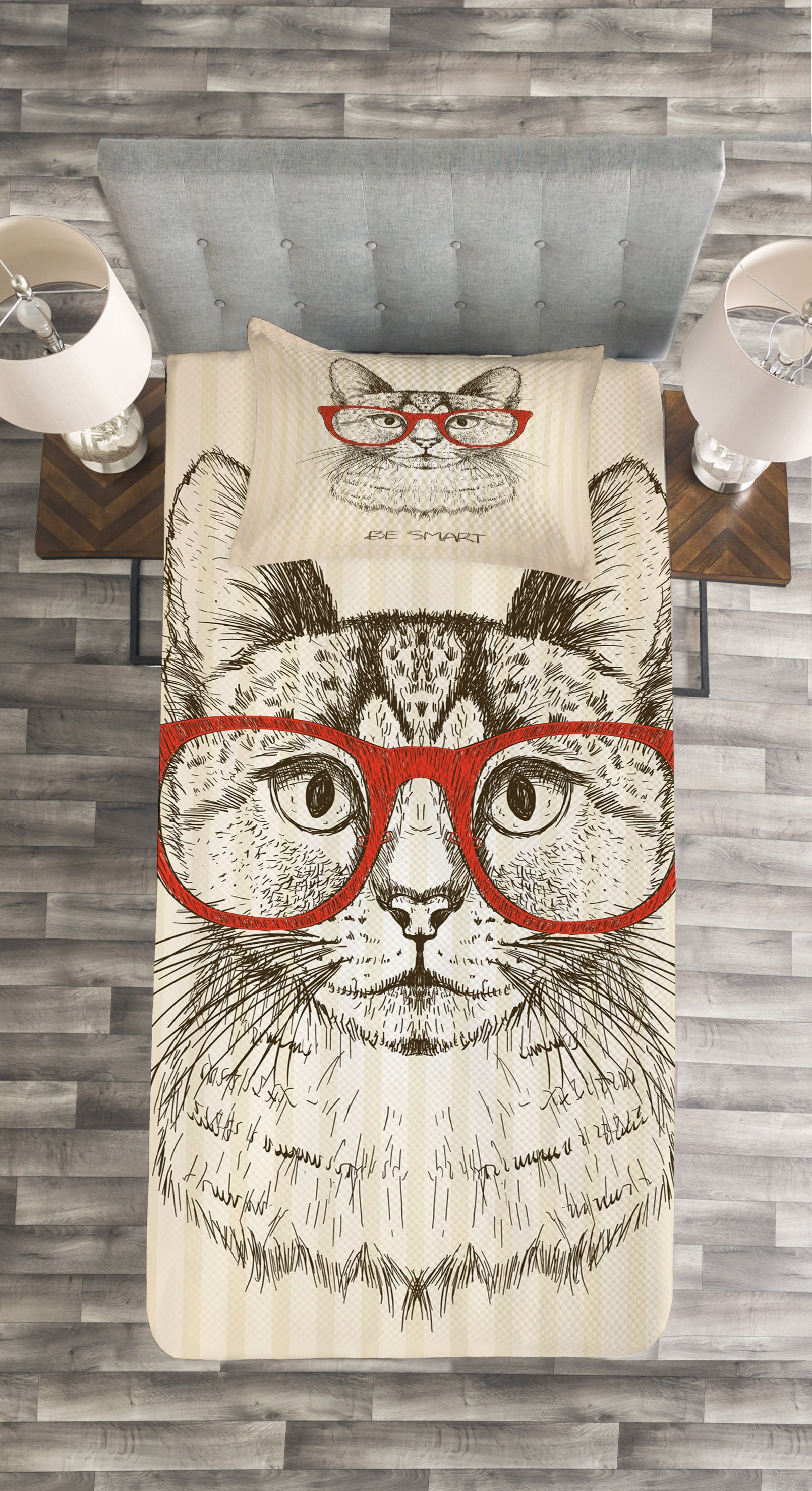 Abakuhaus, Cartoon Katze Retro Brillen Set Kissenbezügen Tagesdecke mit mit Waschbar,