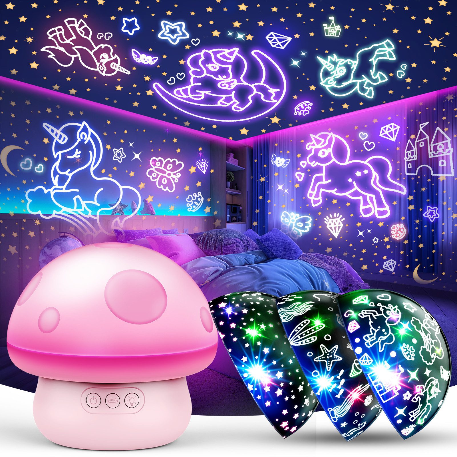 Wootoy LED Nachtlicht Mushroom Sternenhimmel Projektor Nachttischlampe mit 6 Lichtmodi, mit 10-Stunden-Timer 3 austauschbaren Projektionsfilmen und 360° rotierende Projektion, LED fest integriert, verschiedenen Farben und sanften Beleuchtungseffekten, Dek