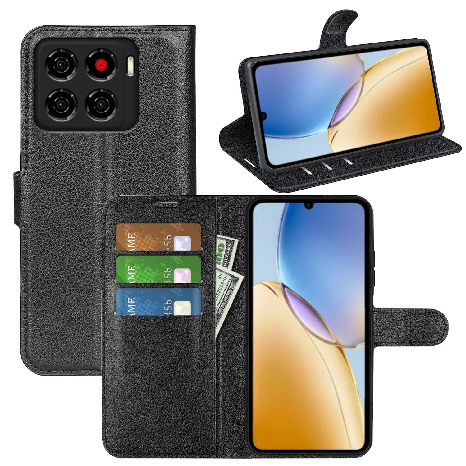 Wigento Smartphone-Hülle Für ZTE Blade A56 Kunstleder Book Wallet Handy Tasche Hülle Schwarz, Kunstleder Hülle mit Kartenfächern und Standfunktion
