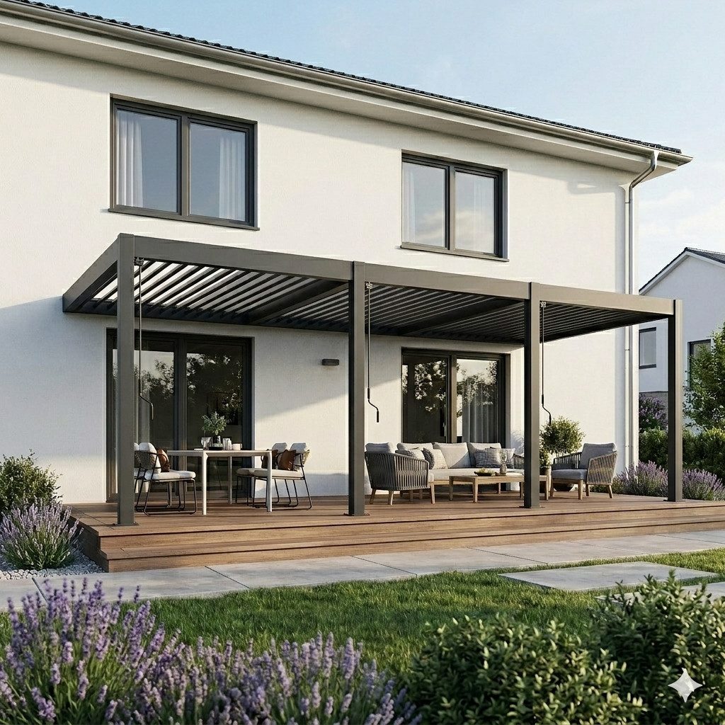 Weide Pergola Wandpergola Classic 3 x 9 m Anthrazit Vollaluminium Lamellendach, BxTxH: 900x300x255 cm, (Hochwertigstes Aluminium & verzinkte Stahl-Lamellen, Komplettset)