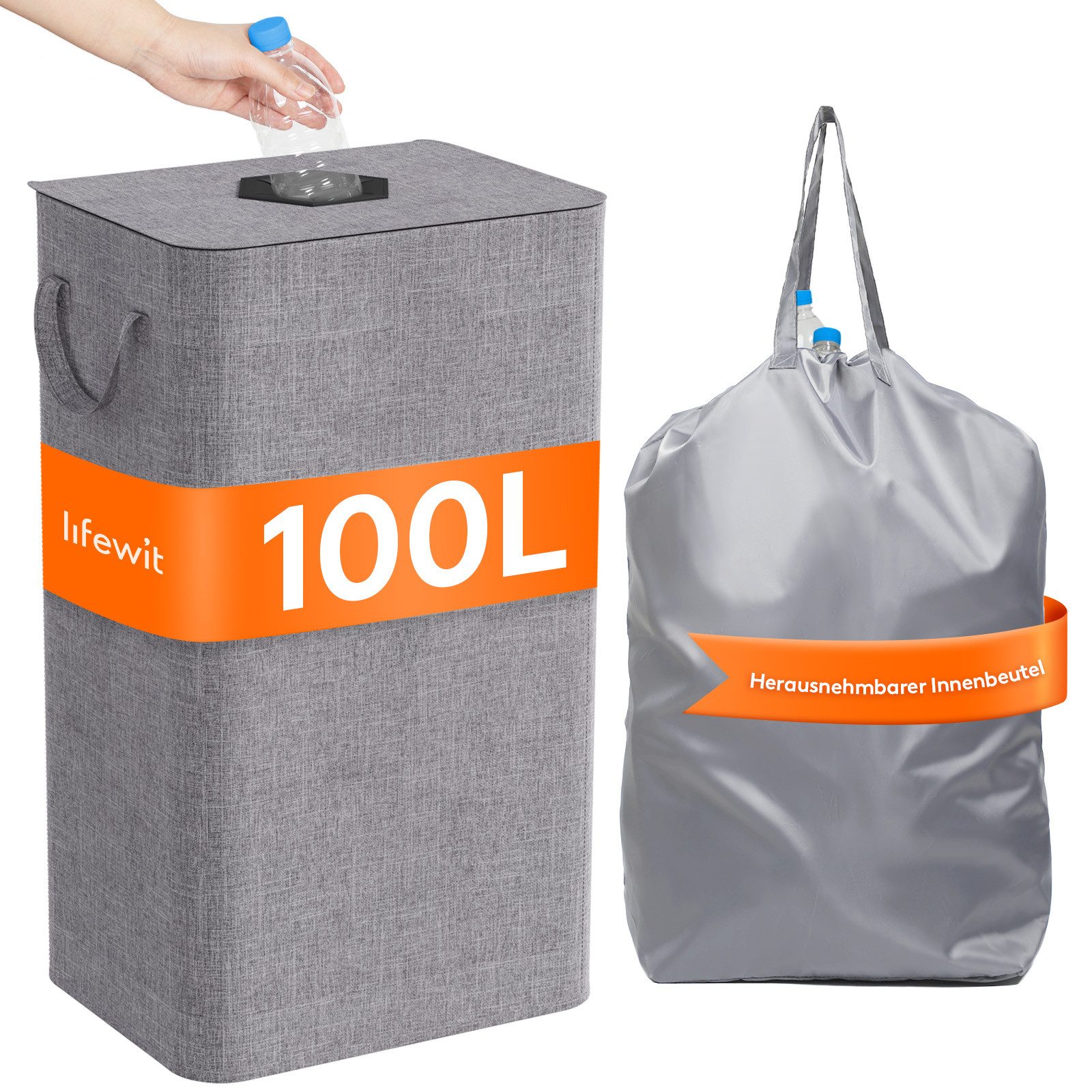 Lifewit Mülleimer Pfandflaschensammler mit Deckel Einwurfloch für Leergut Altglas Küche., 100l, Faltbar