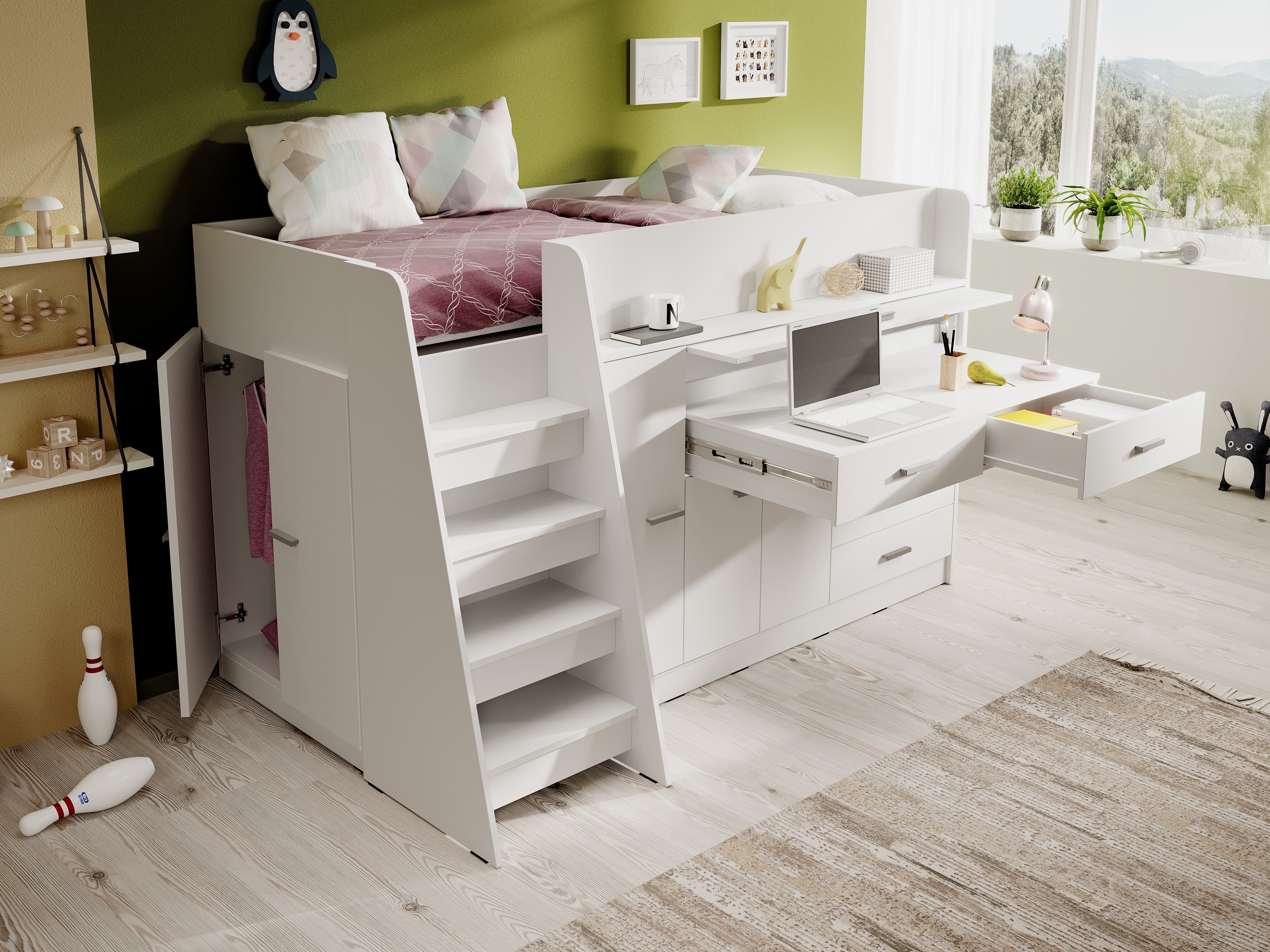 Möbel für Dich Hochbett Ingenio mit Treppe Schreibtisch, Lattenrost mit weiß/schwarz Stauraum und ausziehbarem Fronten viel