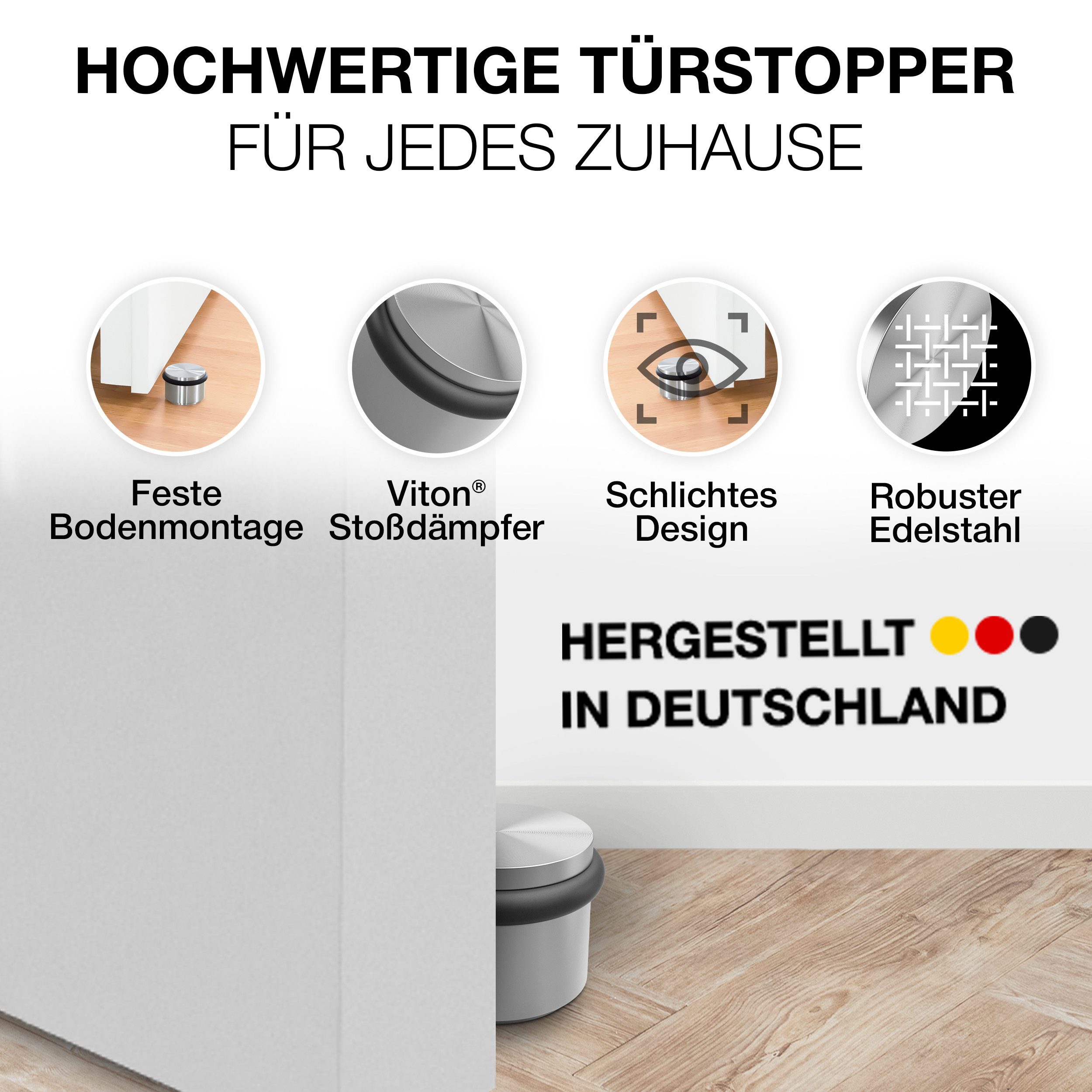 PHOS Design Türstopper aus massivem Edelstahl und Viton® Gummi-Puffer, Boden-Türstopper