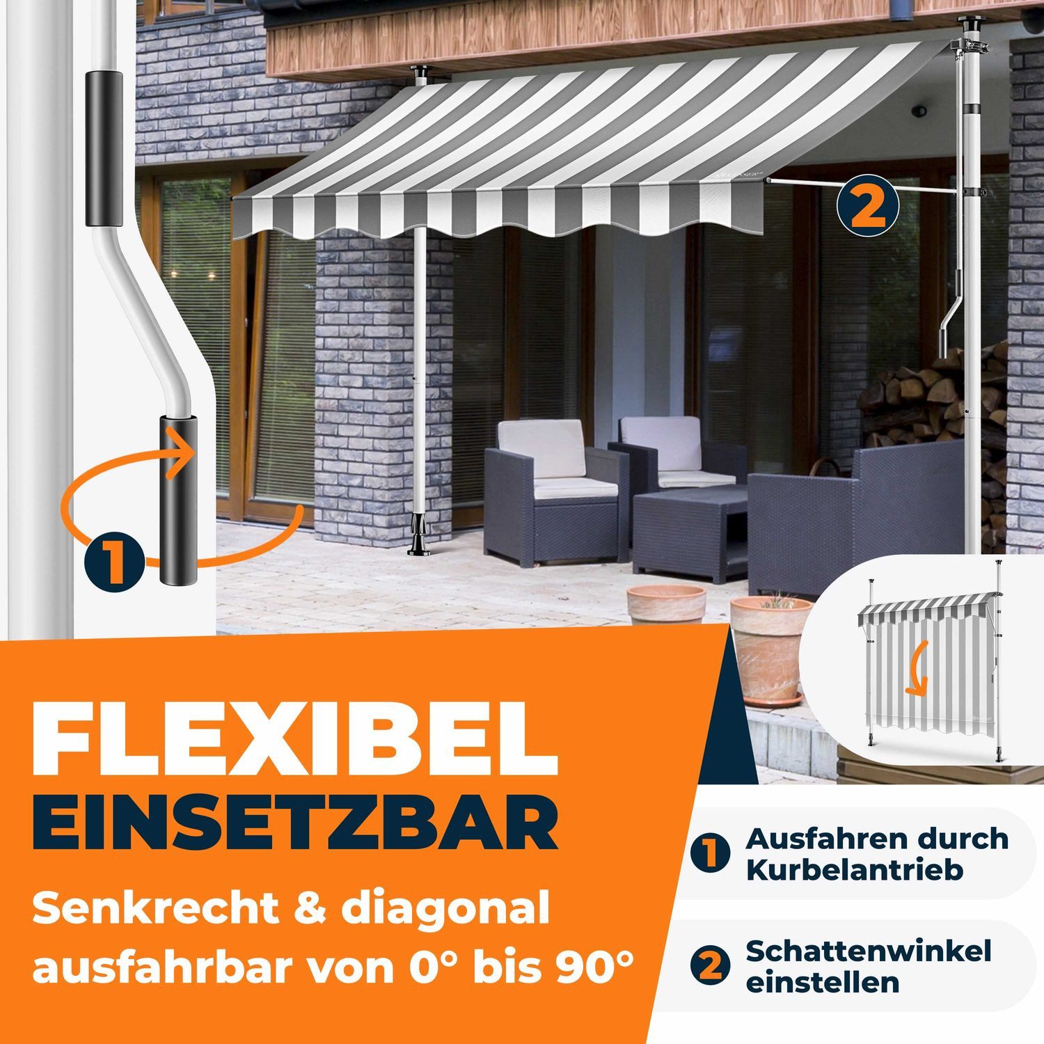 Thumbnail - KESSER Klemmmarkise mit Handkurbel & LED, 150x180cm Balkonmarkise ohne Bohren UV-Beständig (Markise + solarbetriebene LE...