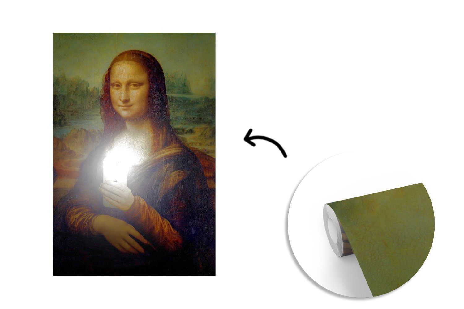 MuchoWow Fototapete Mona Telefon Lisa Vinyl Tapete (3 St), - bedruckt, Matt, Wohnzimmer, Da für Montagefertig Wandtapete Vinci, 