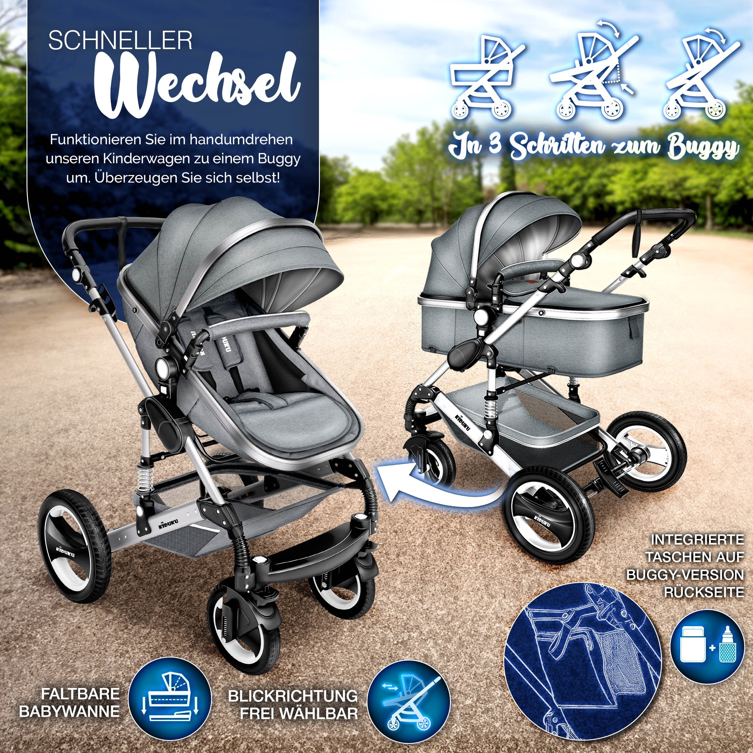 KIDUKU Kombi-Kinderwagen KIDUKU® 3 in 1 Kombi-Kinderwagen Buggy Reisebuggy inkl. Auto- Babyscha, Kindertisch