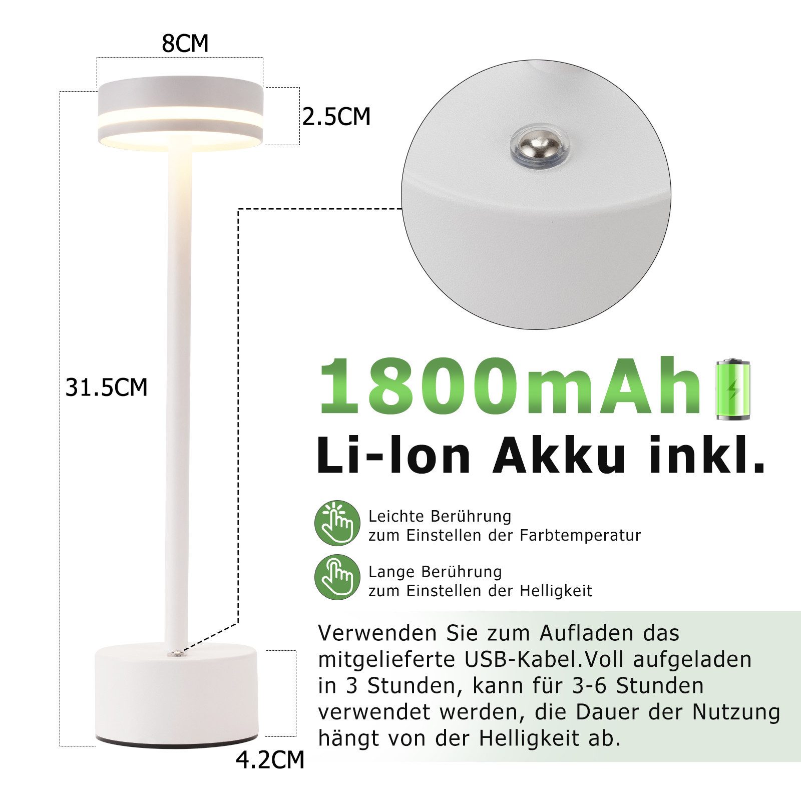 ZMH Tischleuchte Tischleuchte Gold/Schwarz/Weiß USB LED Akku Touchdimmer, Touch-Steuerung, LED fest integriert, Warmweiß-Neutralweiß-Kaltweiß, Mehrere Helligkeitsstufen
