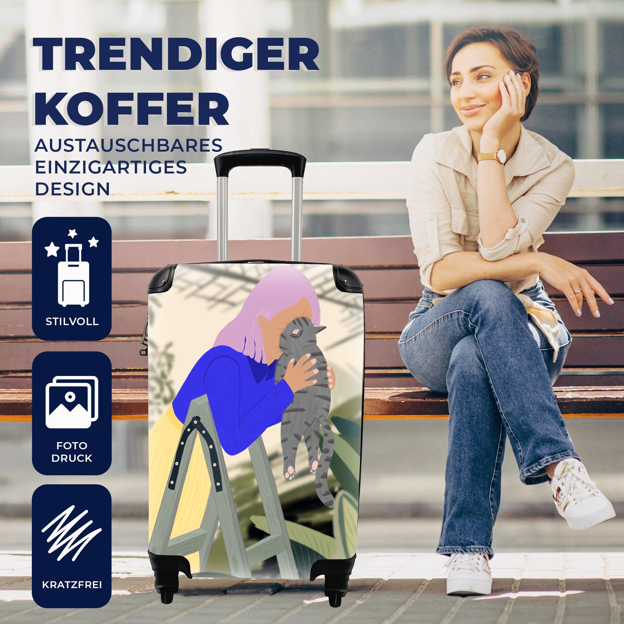 Handgepäckkoffer rollen, für - 4 mit Handgepäck Frau Katze MuchoWow Reisekoffer Minimalismus, - Reisetasche Trolley, Rollen, Ferien,