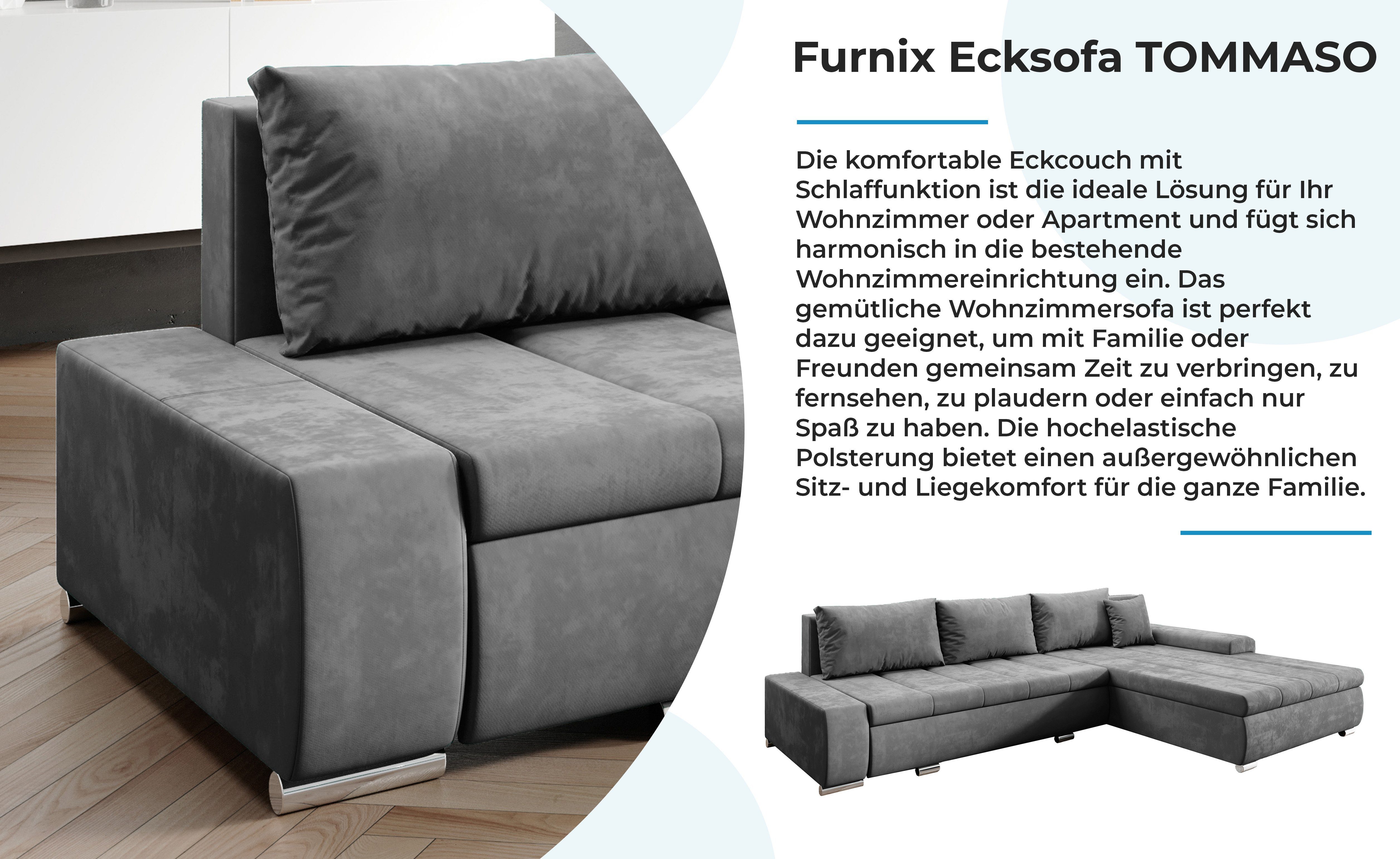 hochwertig, Bettkasten Ecksofa EU TOMMASO cm, mit in Grau x Made Couch, Stoff MH84 B297 Furnix T210 Kissen Sofa H85 x Schlaffunktion
