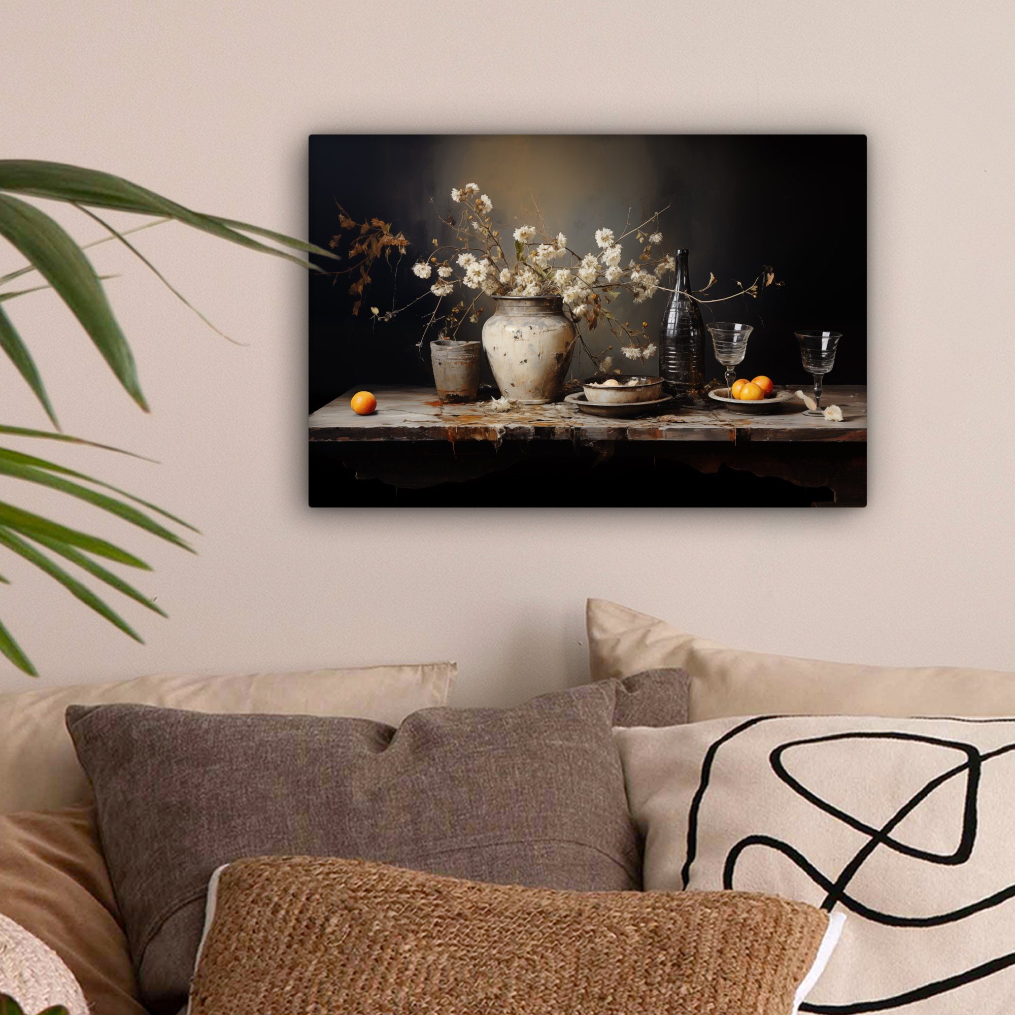 OneMillionCanvasses® Leinwandbild Stilleben - Blumen - Blumenstrauß - Vase - Wein, Fotodruck (1 St), Leinwand Bilder Klein, Wand Dekoration Aesthetic 30x20 cm