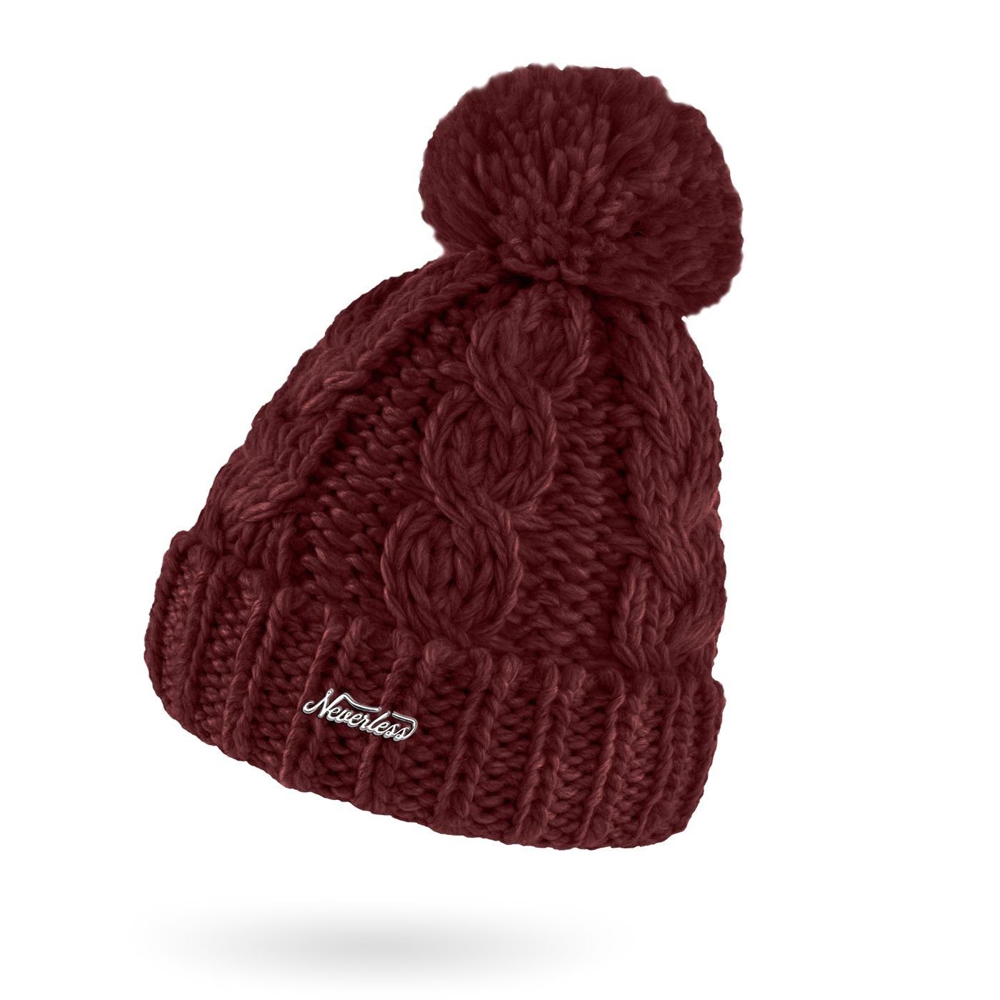 Neverless Bommelmütze Damen Mütze Grobstrick Strick-Bommel Pudelmütze Zopfstrickmuster Wintermütze Umschlag Neverless® bordeauxrot