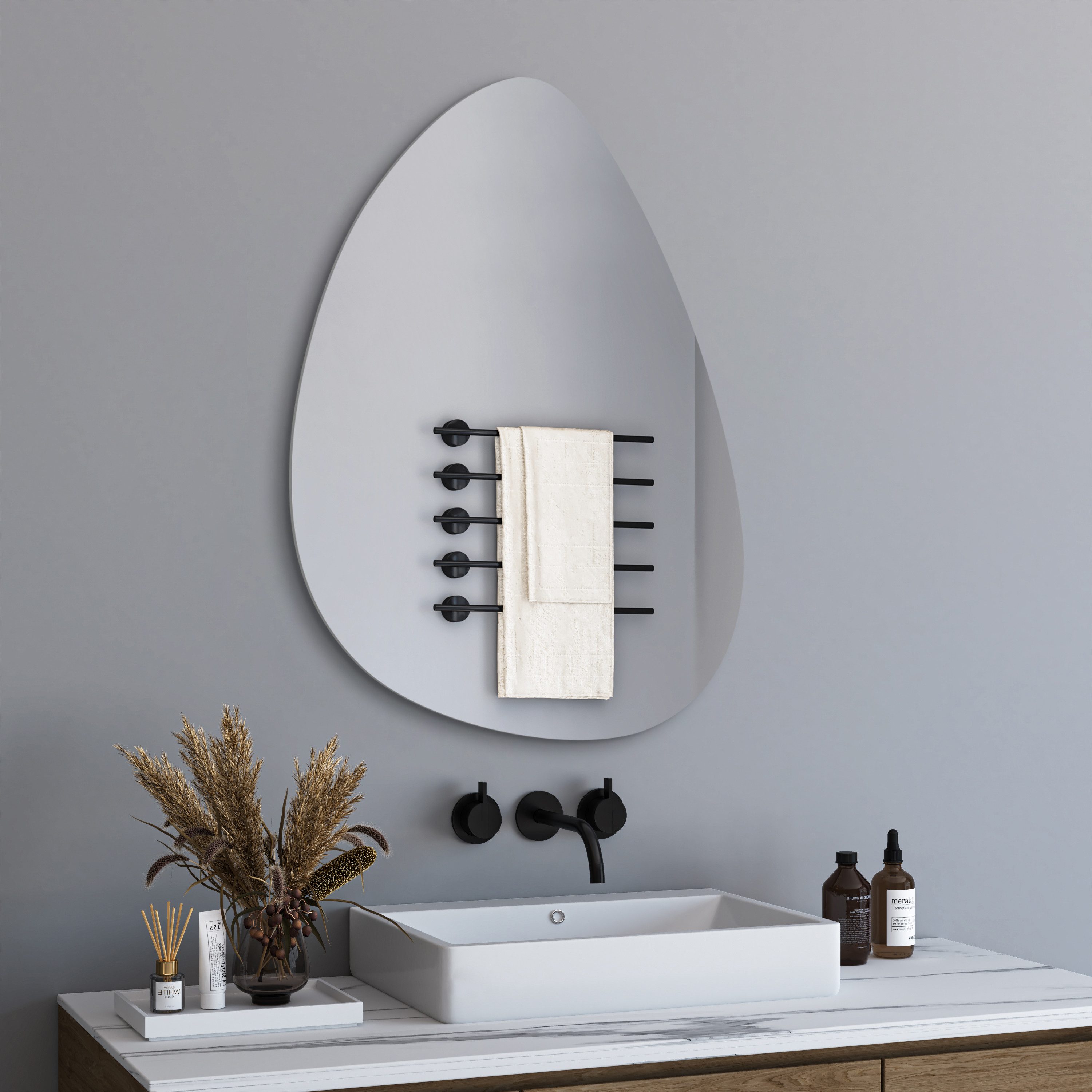 WDWRITTI Badspiegel Modern 65x90cm Wassertropfen Wandspiegel Asymmetrisch (Badezimmerspiegel Rahmenlos, mit Metall Haken), 1:1-Reflektion, Explosionsgeschutz