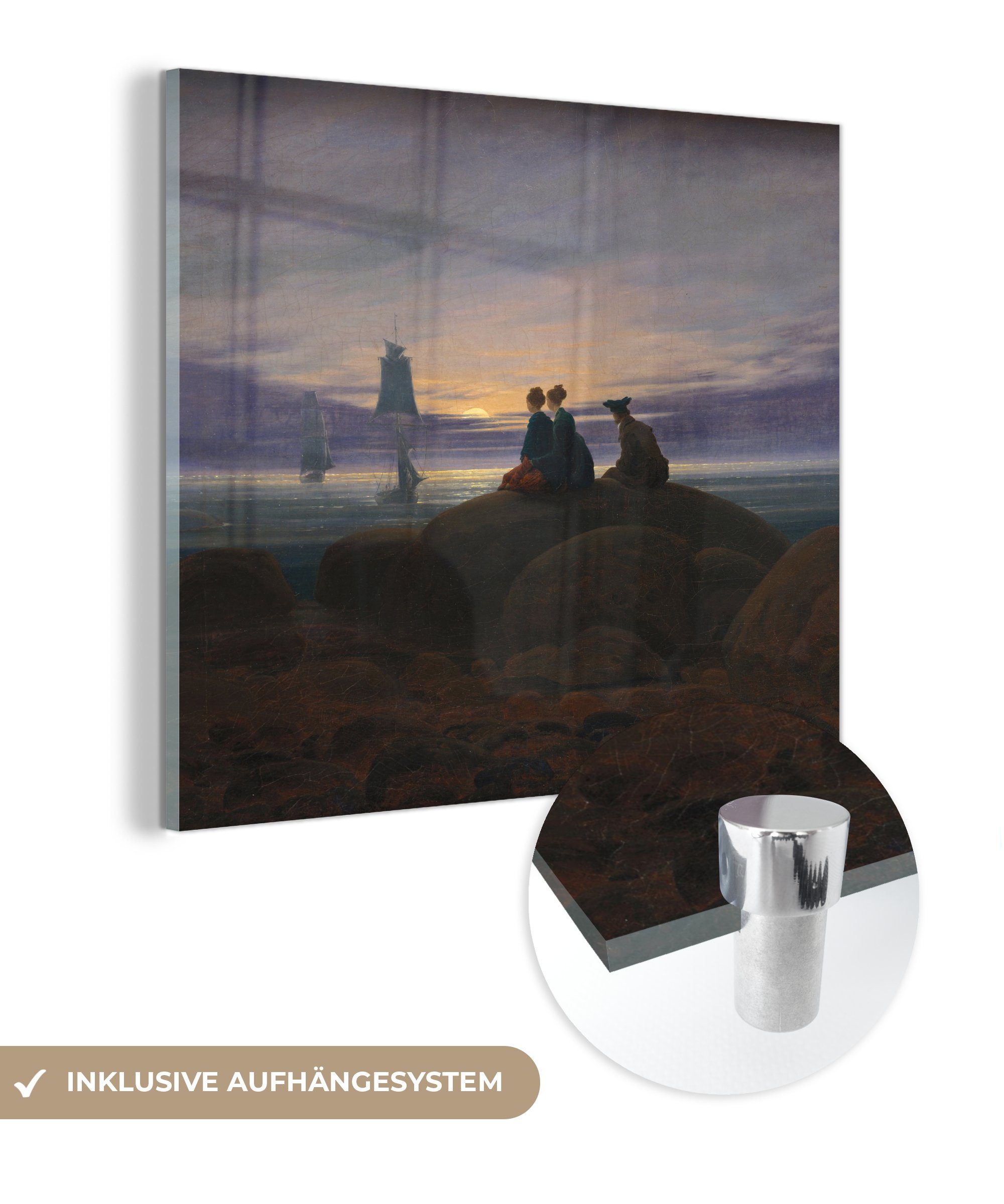 MuchoWow Acrylglasbild Aufgang des Mondes über dem Meer - Caspar David Friedrich, (1 St), Glasbilder - Bilder auf Glas Wandbild - Foto auf Glas - Wanddekoration