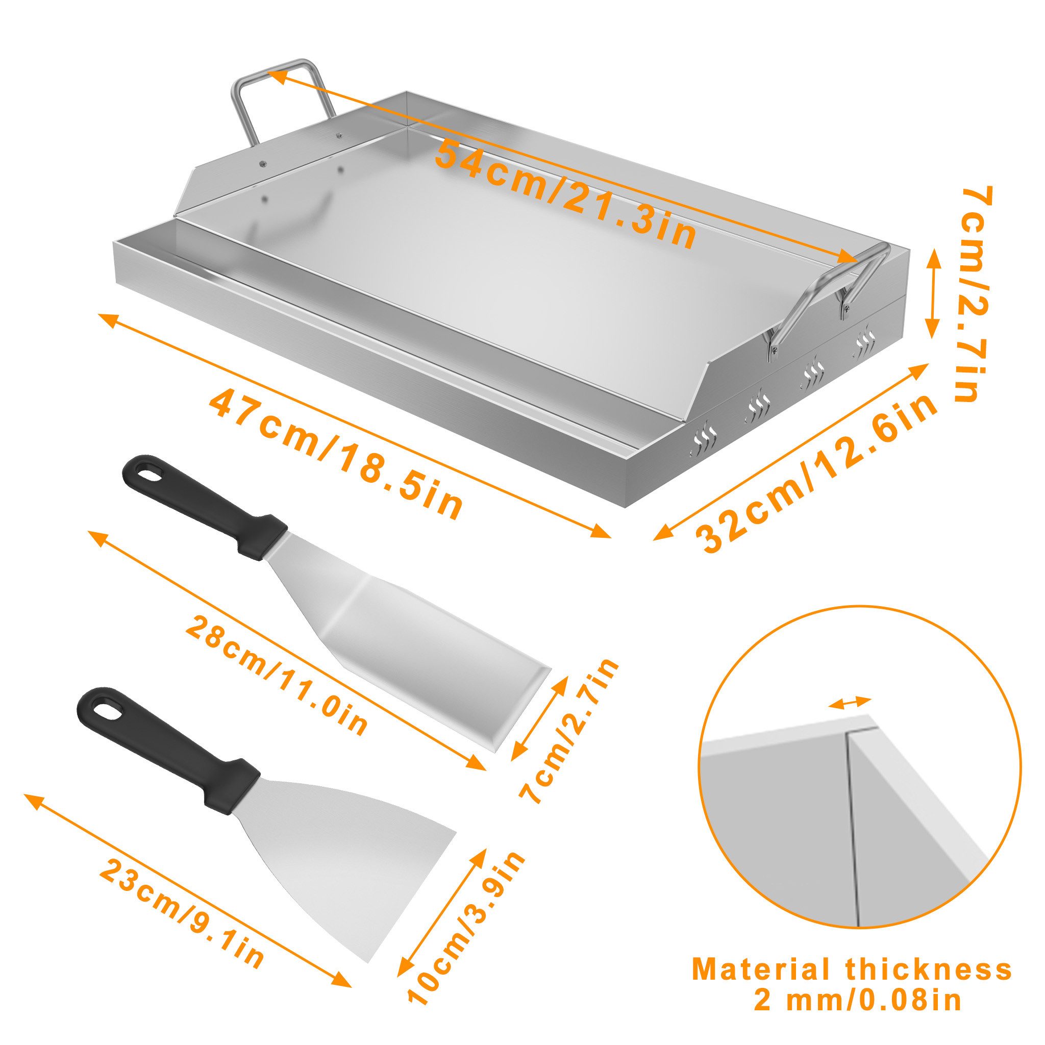 FIVMEN Grillplatte Edelstahl Grill Platte Set Universal BBQ Plancha Gasgrills Grillschale (Mit Griffe und Grillspachtel), für Gleichmäßige Hitzeverteilung Grillschale Inbegriffen Grillspachtel