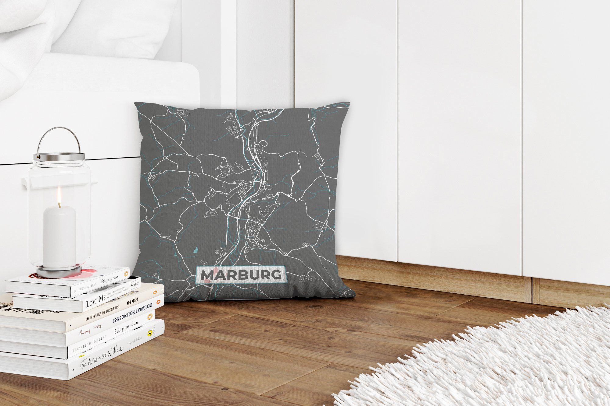 Marburg Deko, für Karte, - Karte Stadtplan - Dekokissen mit Zierkissen Schlafzimmer, - Deutschland - Wohzimmer, - Blau MuchoWow Füllung Sofakissen