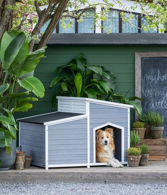 Dehner Tierbett Hundehütte Balu, 128 x 91 x 88.5 cm, robust verarbeitet aus Tannenholz mit Bitumendach