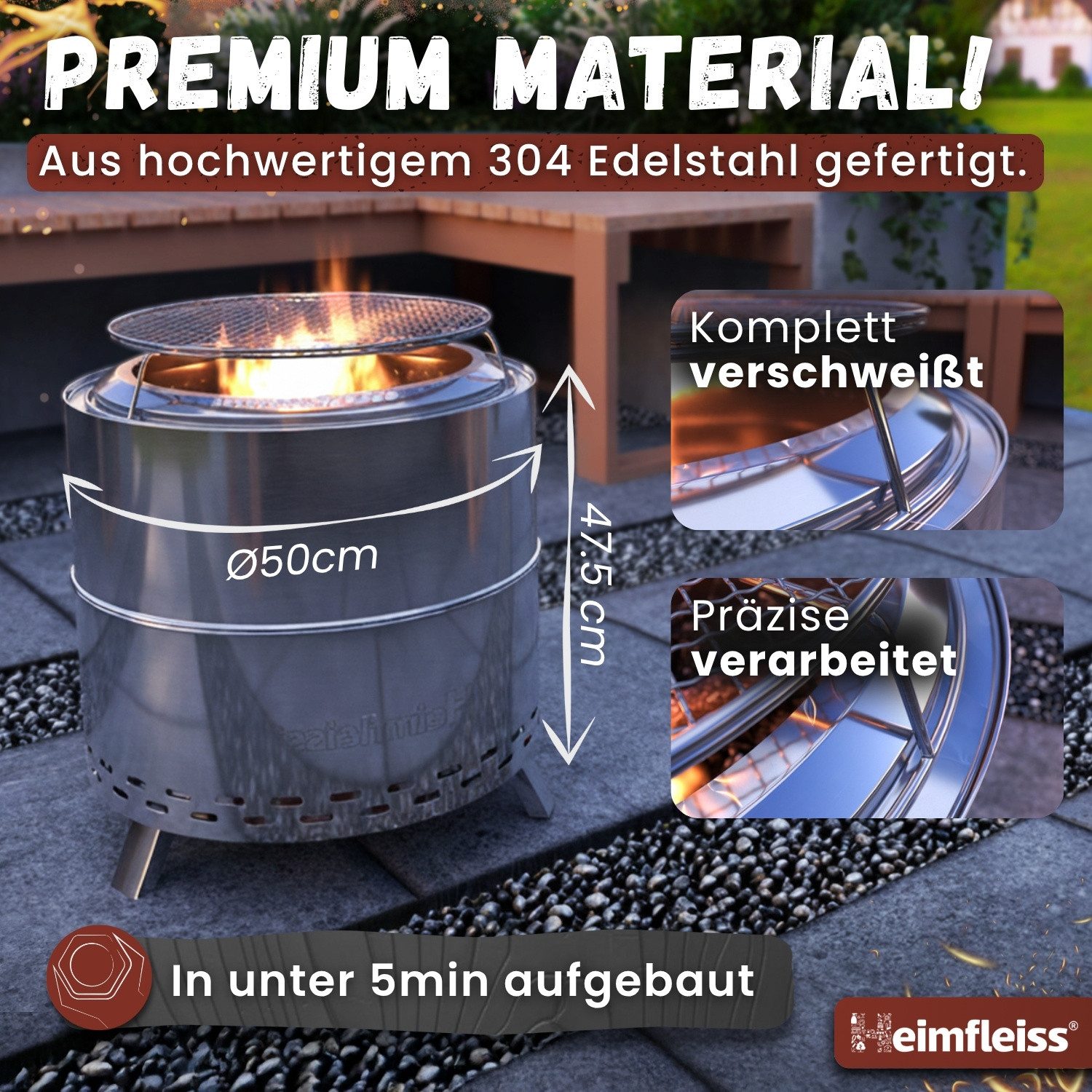 Heimfleiss® Feuerschale Rauchfreie Feuerschale mit Grillrost aus Edelstahl, Silber: Low-Smoke Feuerstelle Ø50cm mit Grillzubehör