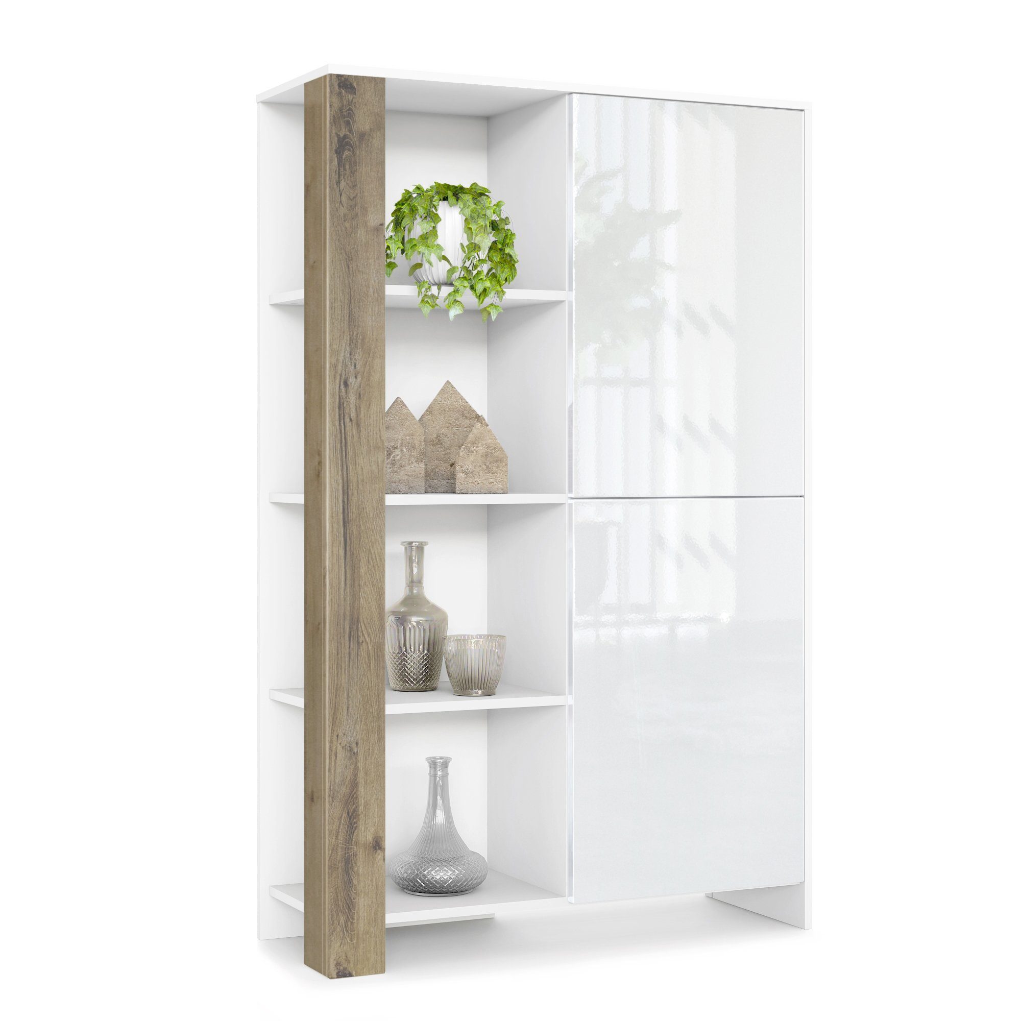 Vladon Highboard Canto (Highboard, mit 2 Türen und 8 Fächern), Weiß matt, Weiß Hochglanz, Eiche Ribbeck