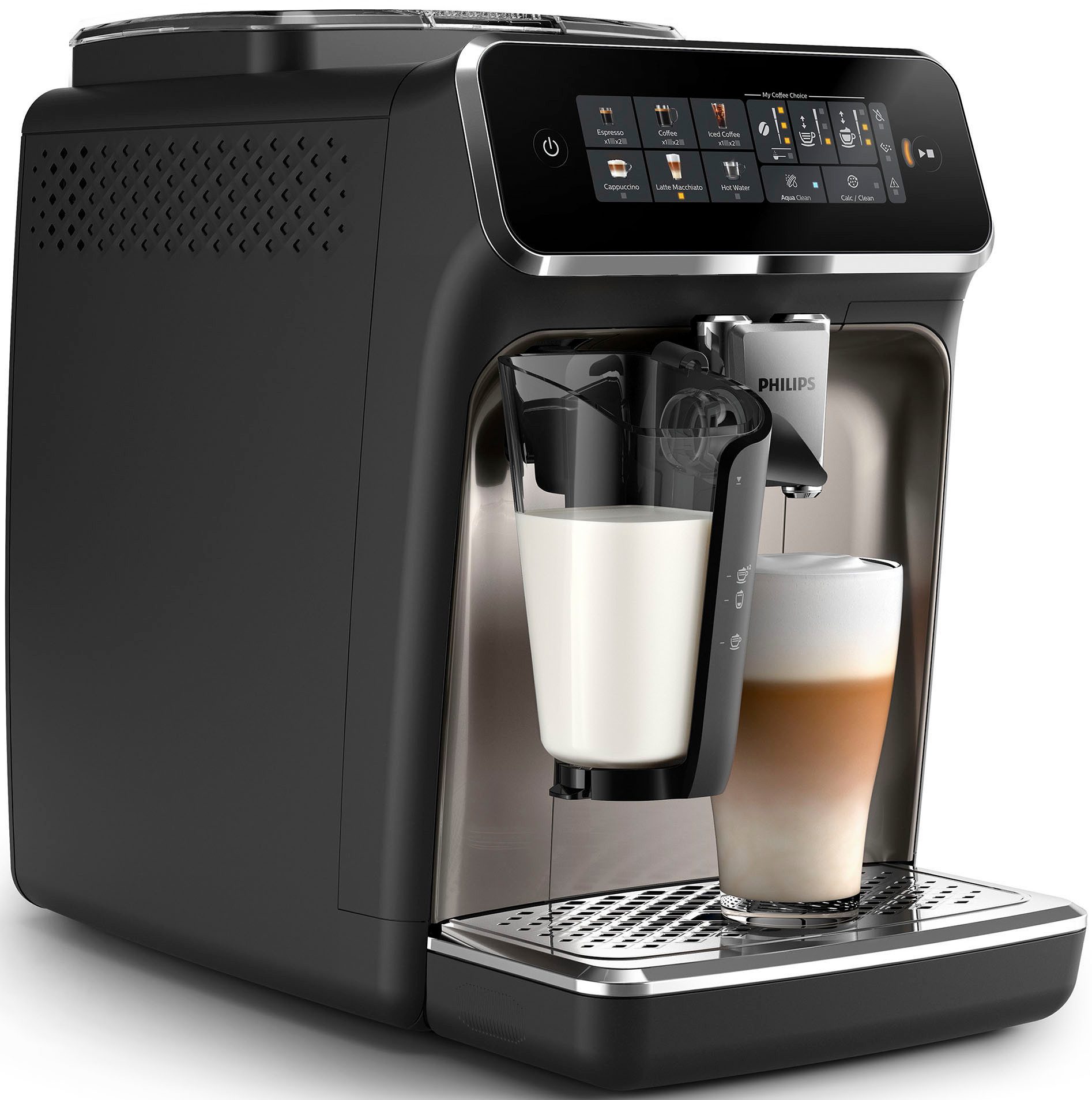 Philips Kaffeevollautomat EP3347/90 3300 Series, 6 Getränke (heiß oder eisgekühlt), LatteGo-Milchsystem, SilentBrew Technologie, Chrom-Schwarz
