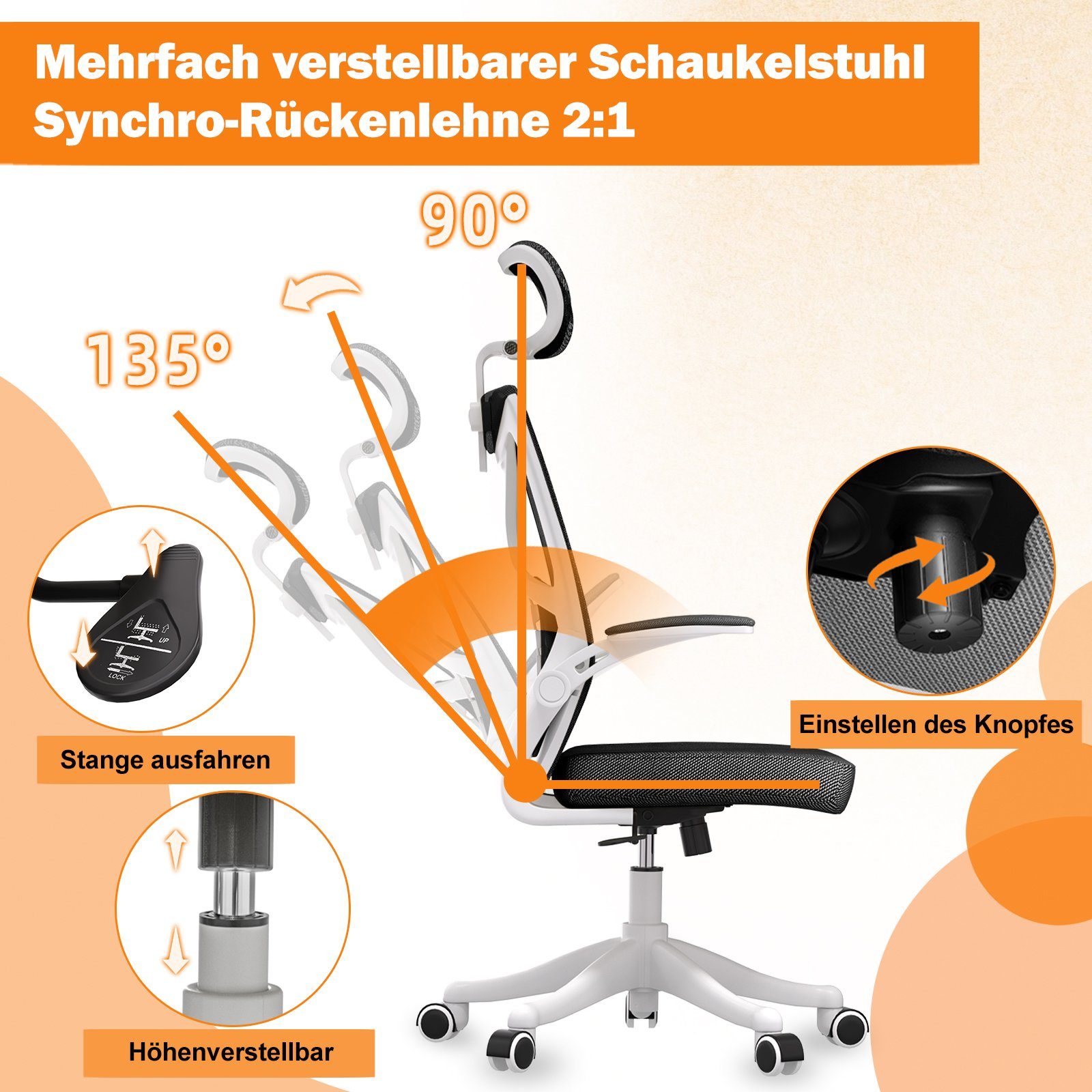 Armlehnen, Bürostuhl Ergonomisch Kopfstütze Bürostuhl Verstellbarer mit UISEBRT Schwarz 150kg Schreibtischstuhl Drehstuhl, Blastbar