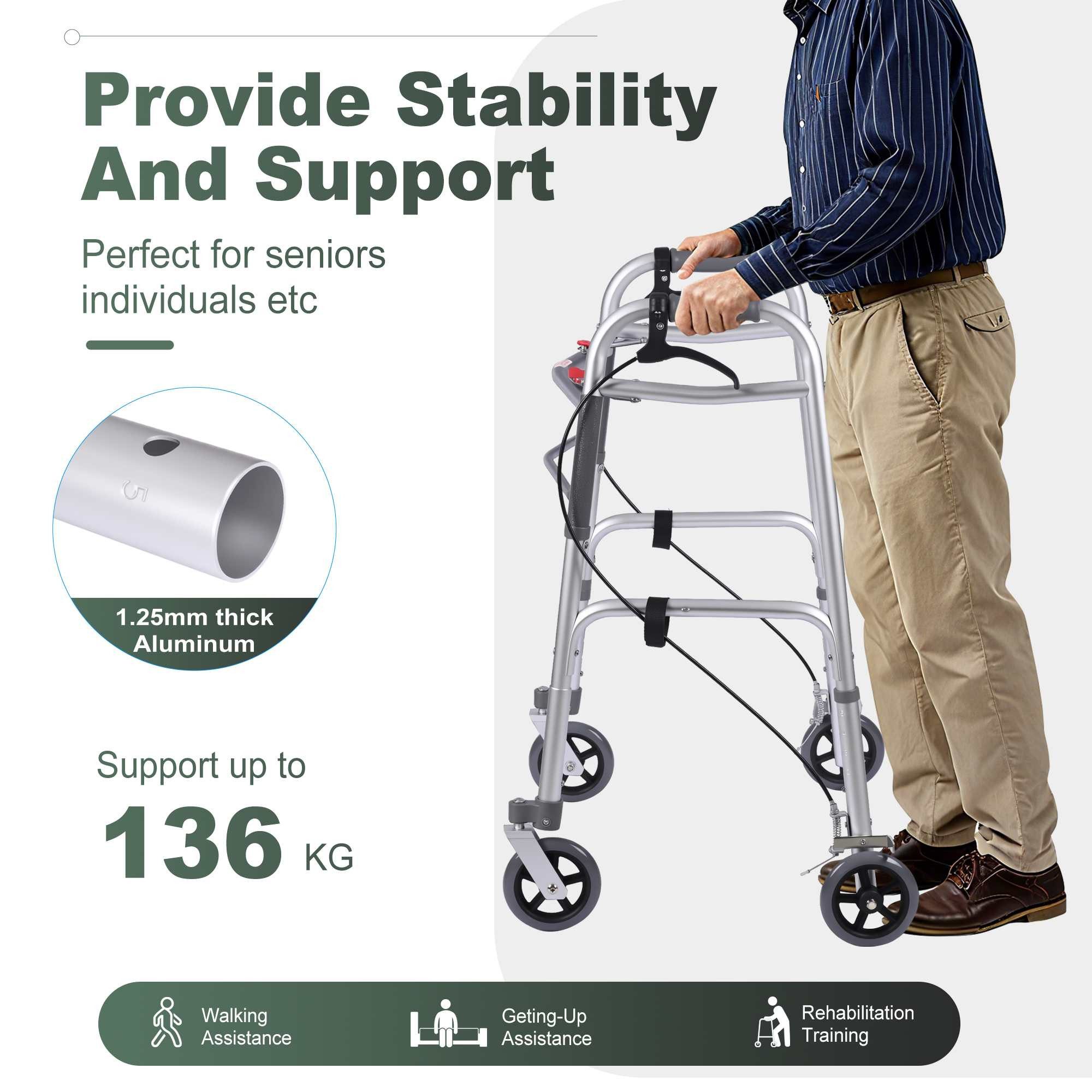 BBG Unterarmkrücke Aluminium Gehwagen mit Bremsen & EVA-Griff, Höhenverstellbar, faltbar, rutschfest & belastbar bis 136 kg für Senioren