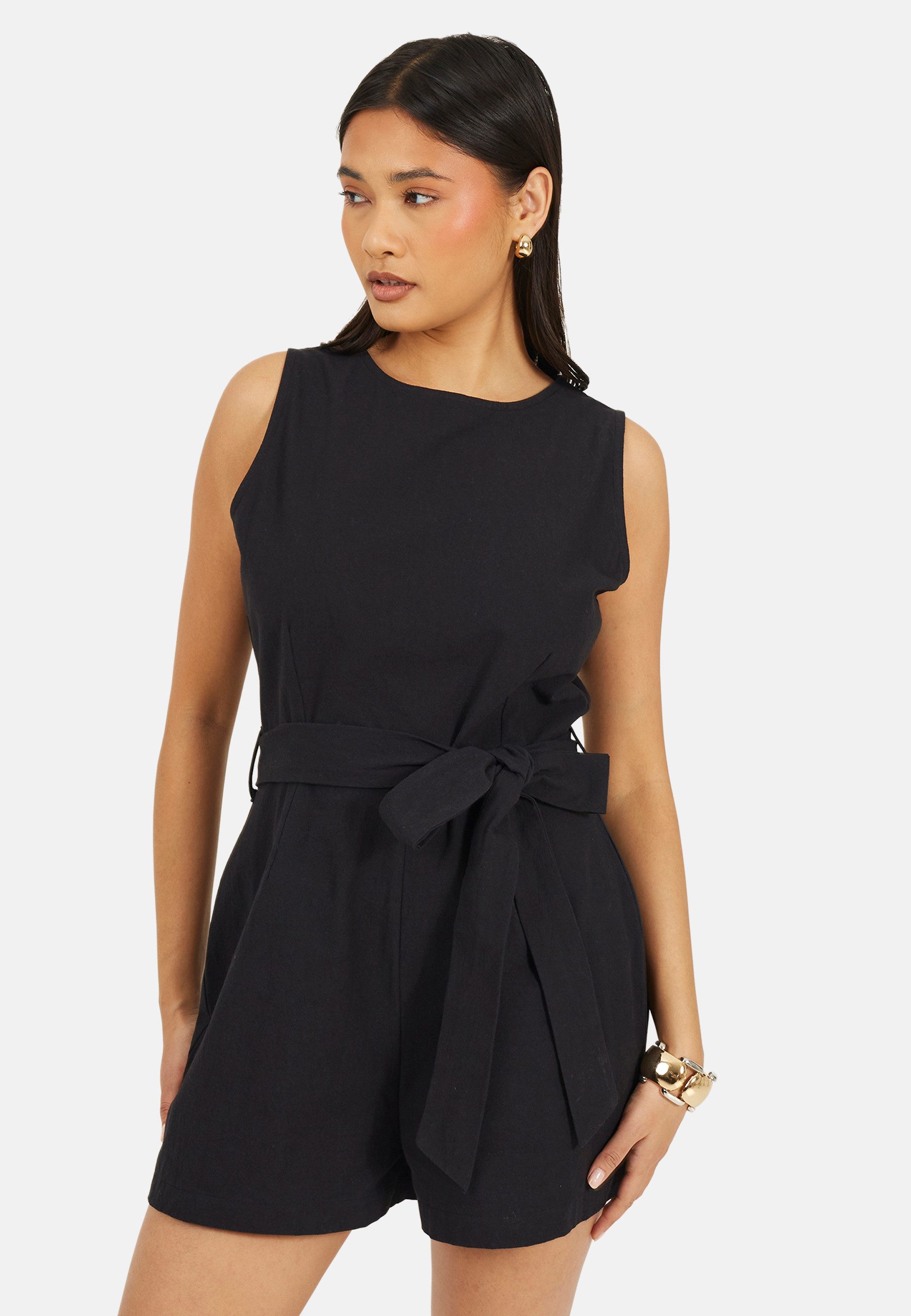 Brave Soul Overall Damen-Playsuit in Leinenoptik mit Bindedetail in der Taille