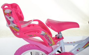 Dino Kinderfahrrad Unicorn Einhorn 12 Zoll, 1 Gang, mit Stützrädern, Korb und Puppensitz