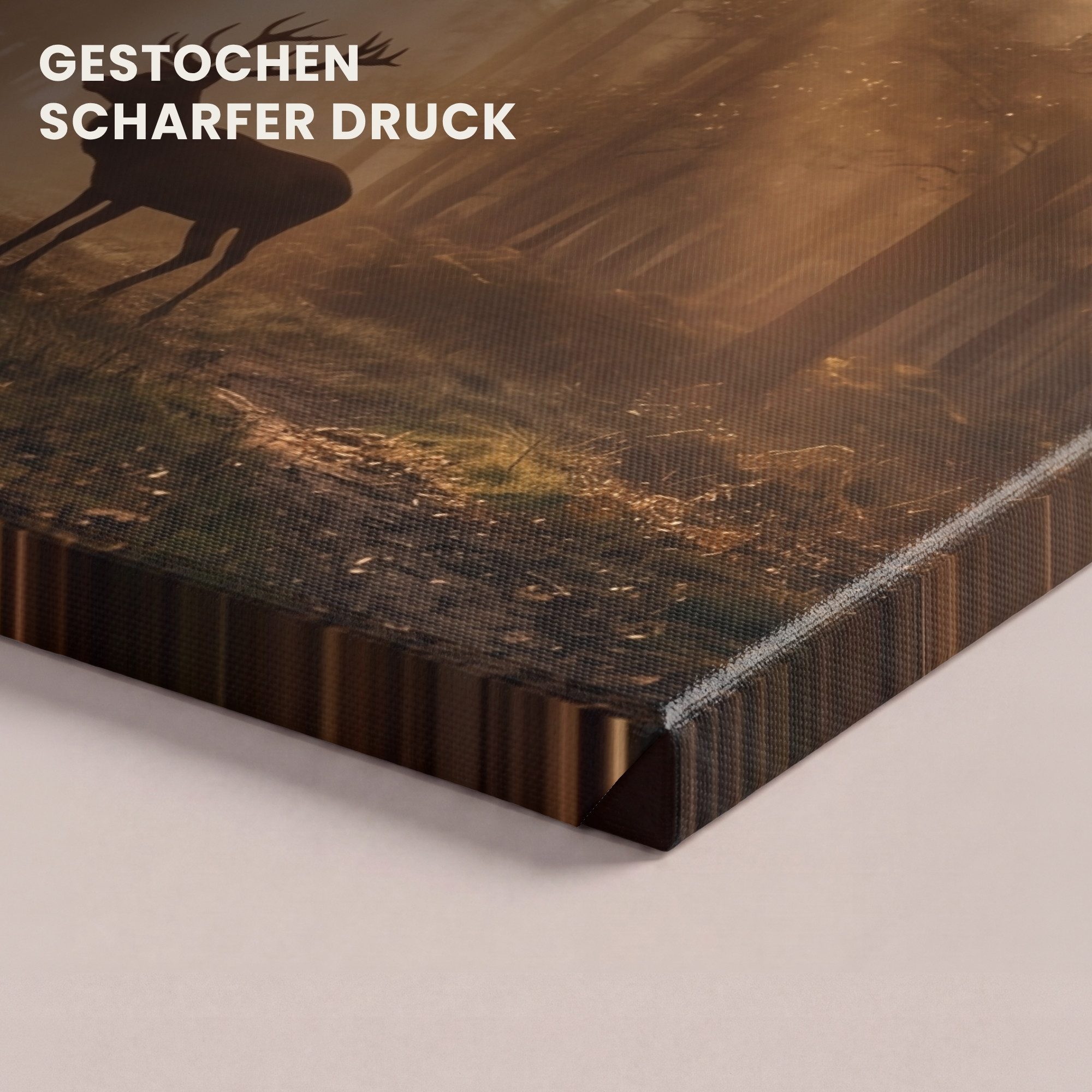 OneMillionCanvasses® Leinwandbild Hirsch - Wald - Neblig - Natur - Gold, Fotodruck (1 St), Leinwand Bilder Klein, Wand Dekoration Aesthetic 30x20 cm – Bild 3 von 5