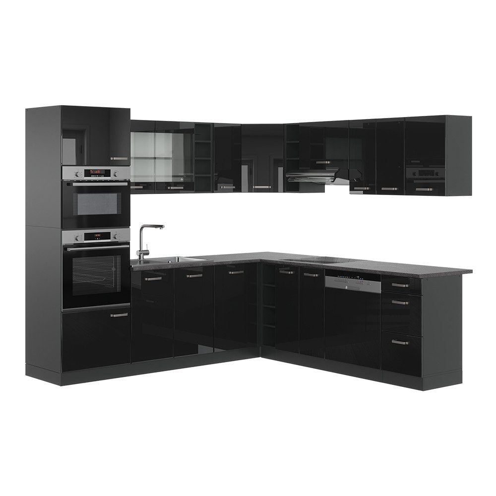 Vicco Winkelküche R-Line, Schwarz Hochglanz/Anthrazit, 237 günstig online kaufen