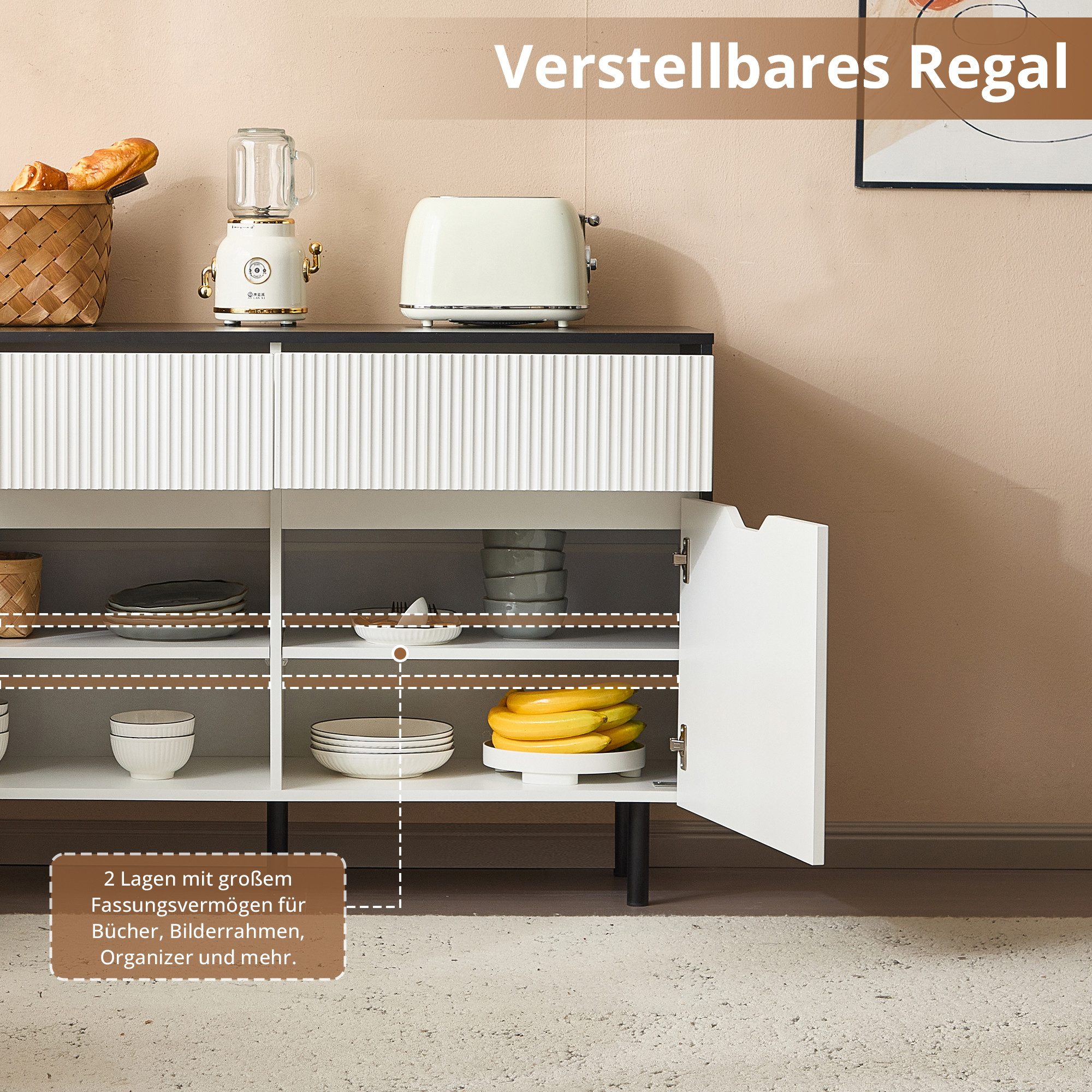 Fanttik Sideboard Aufbewahrungsschrank 120cm mit geriffelten Schubladen und 2 Türen, Sideboard-Buffet verstellbare Einlegeböden, Schrank-Organisator